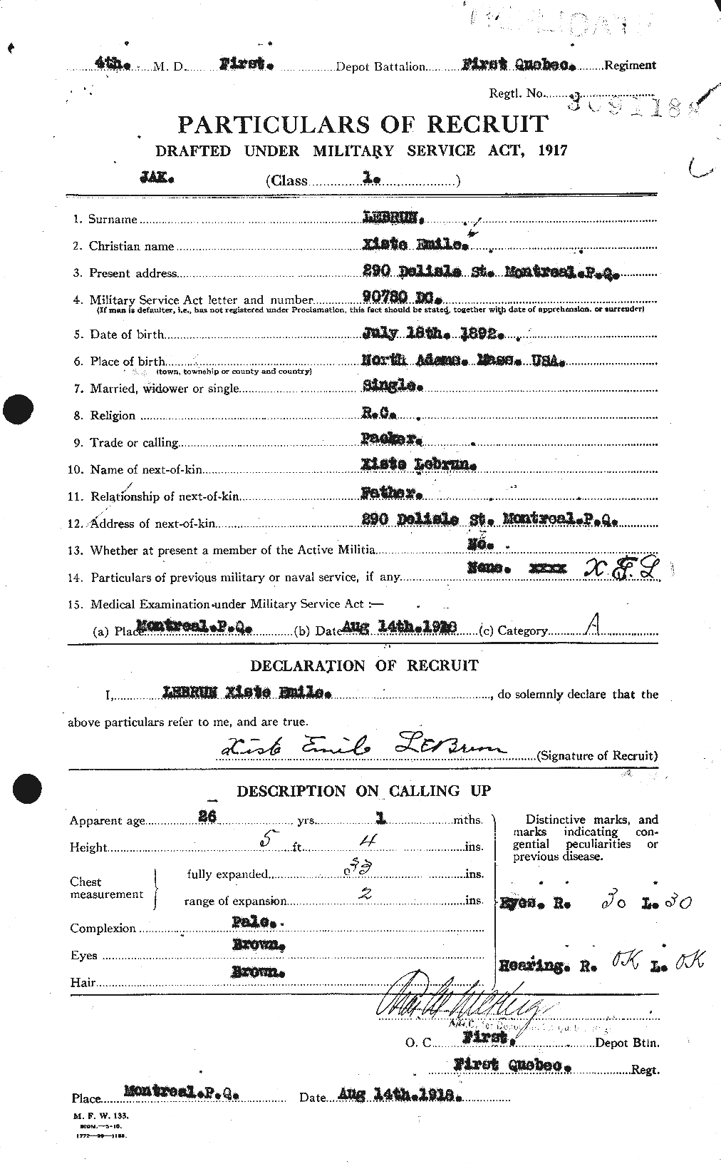 Dossiers du Personnel de la Première Guerre mondiale - CEC 461594a