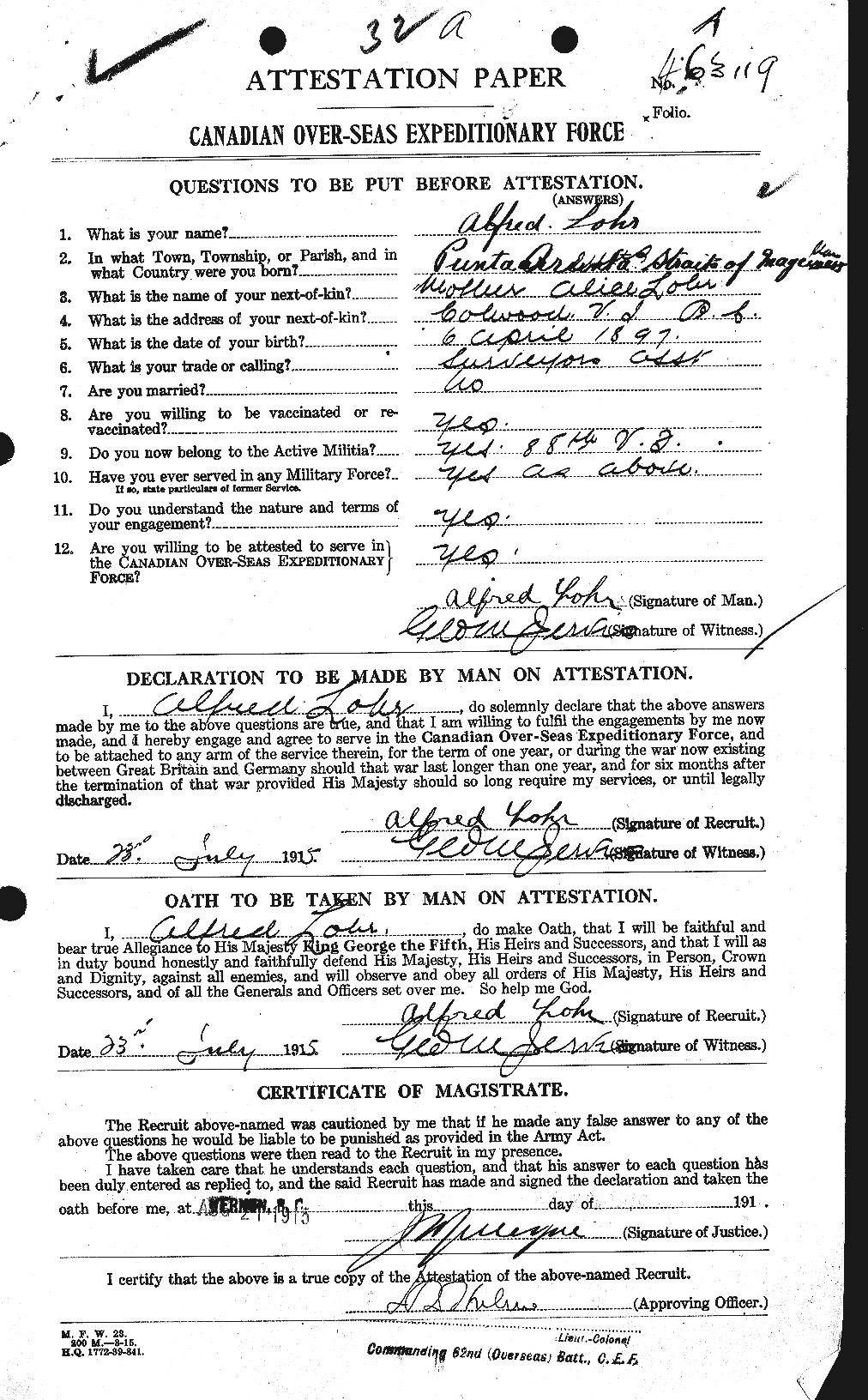 Dossiers du Personnel de la Première Guerre mondiale - CEC 461955a