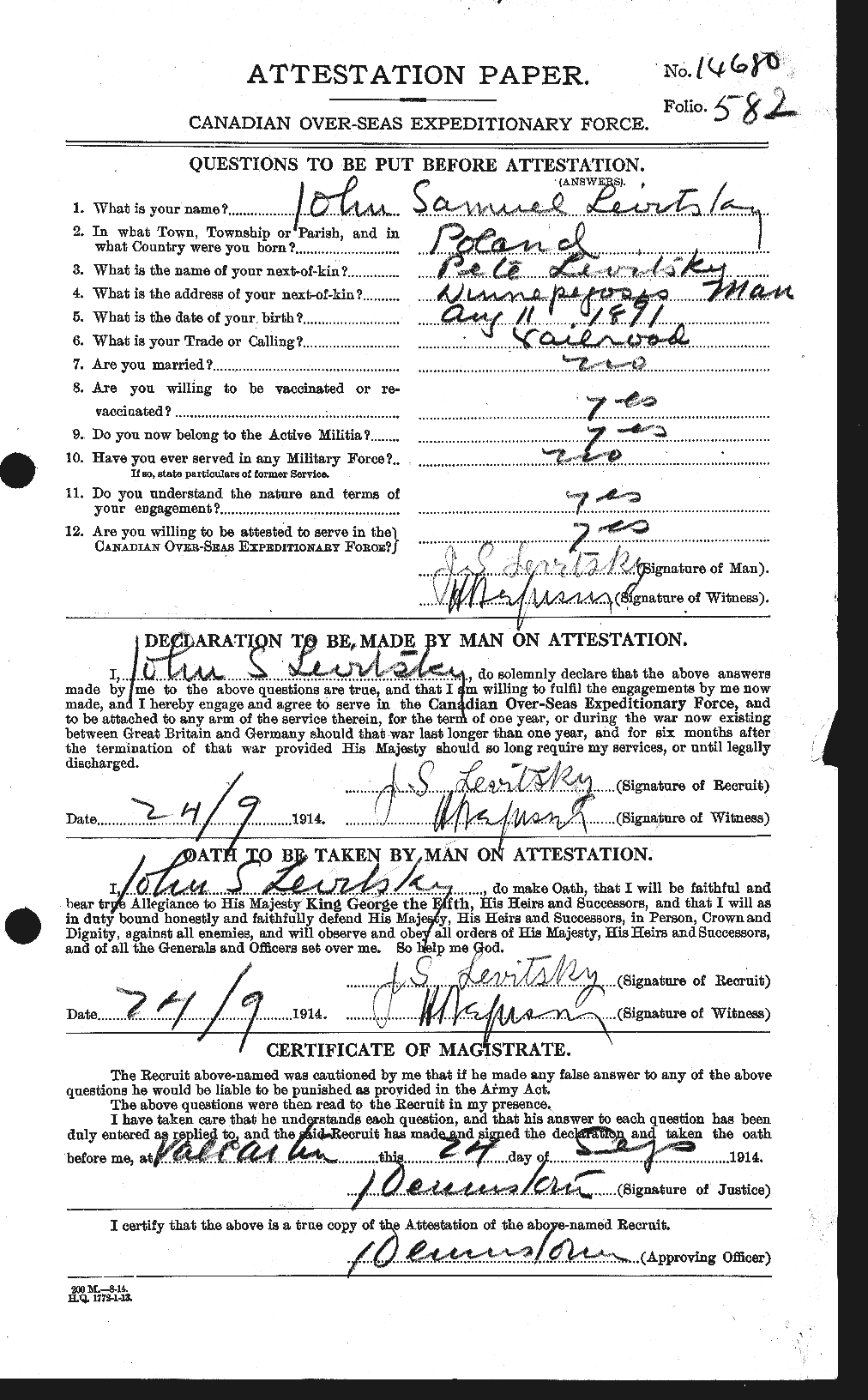 Dossiers du Personnel de la Première Guerre mondiale - CEC 462754a