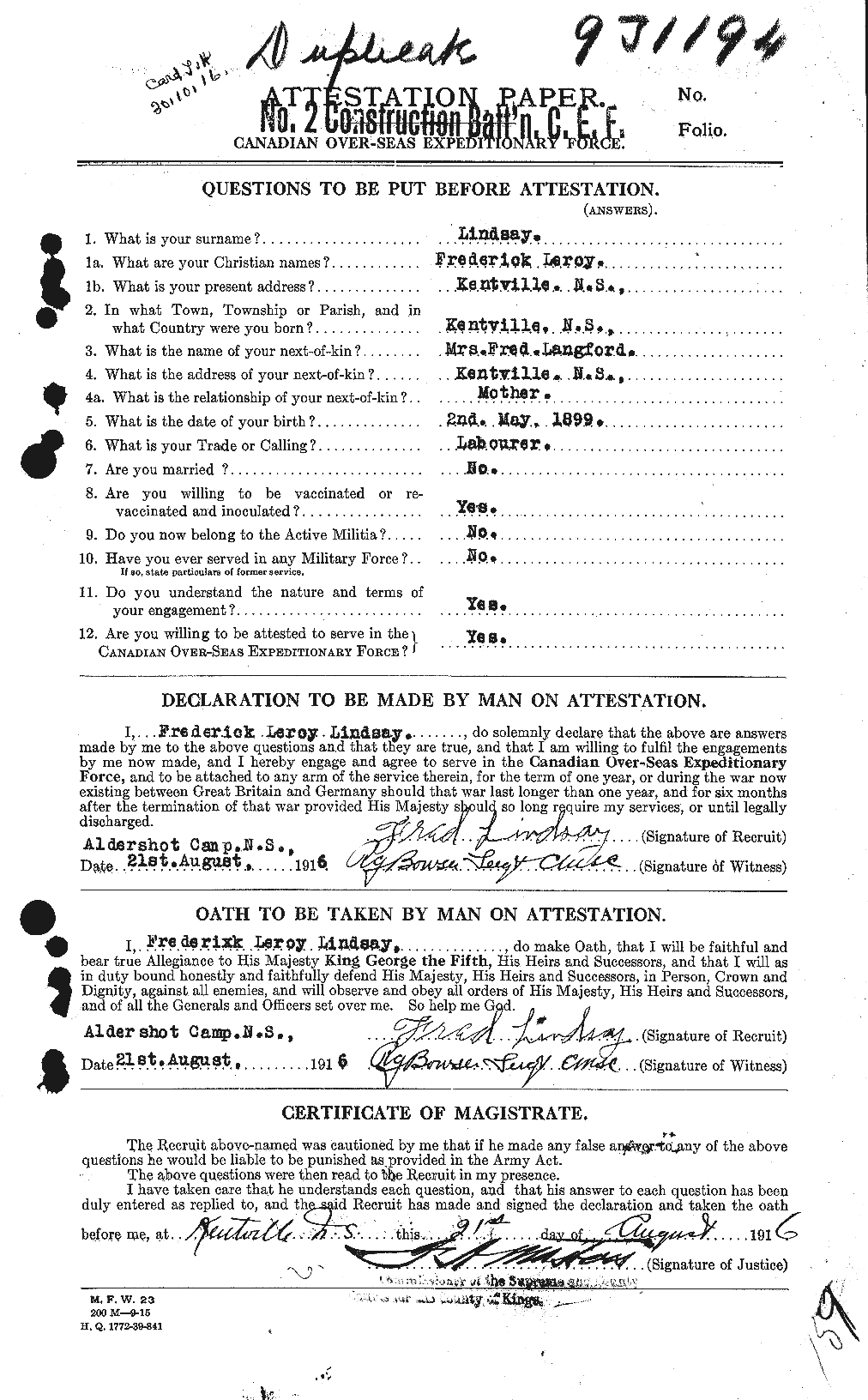 Dossiers du Personnel de la Première Guerre mondiale - CEC 463704a