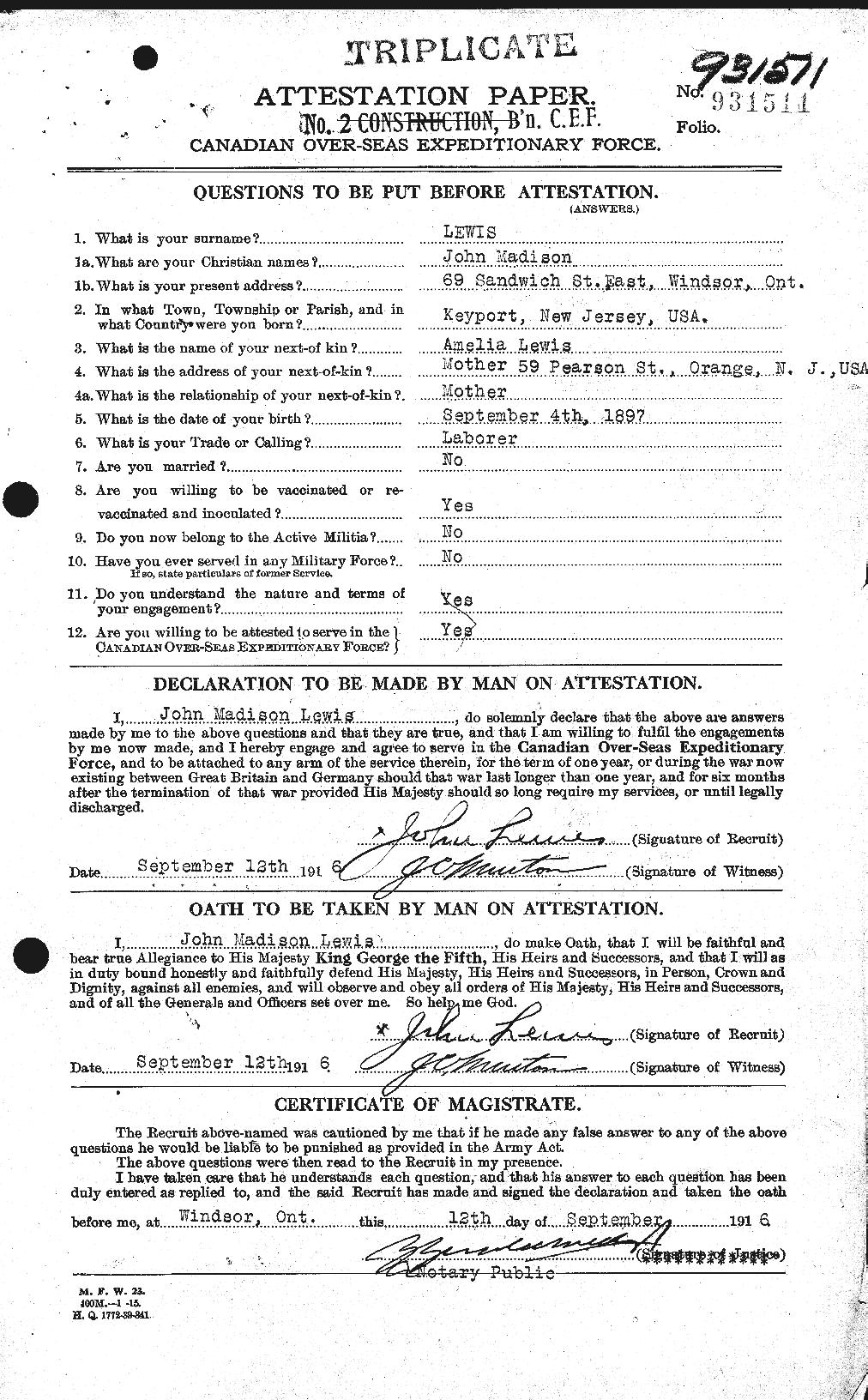 Dossiers du Personnel de la Première Guerre mondiale - CEC 463765a