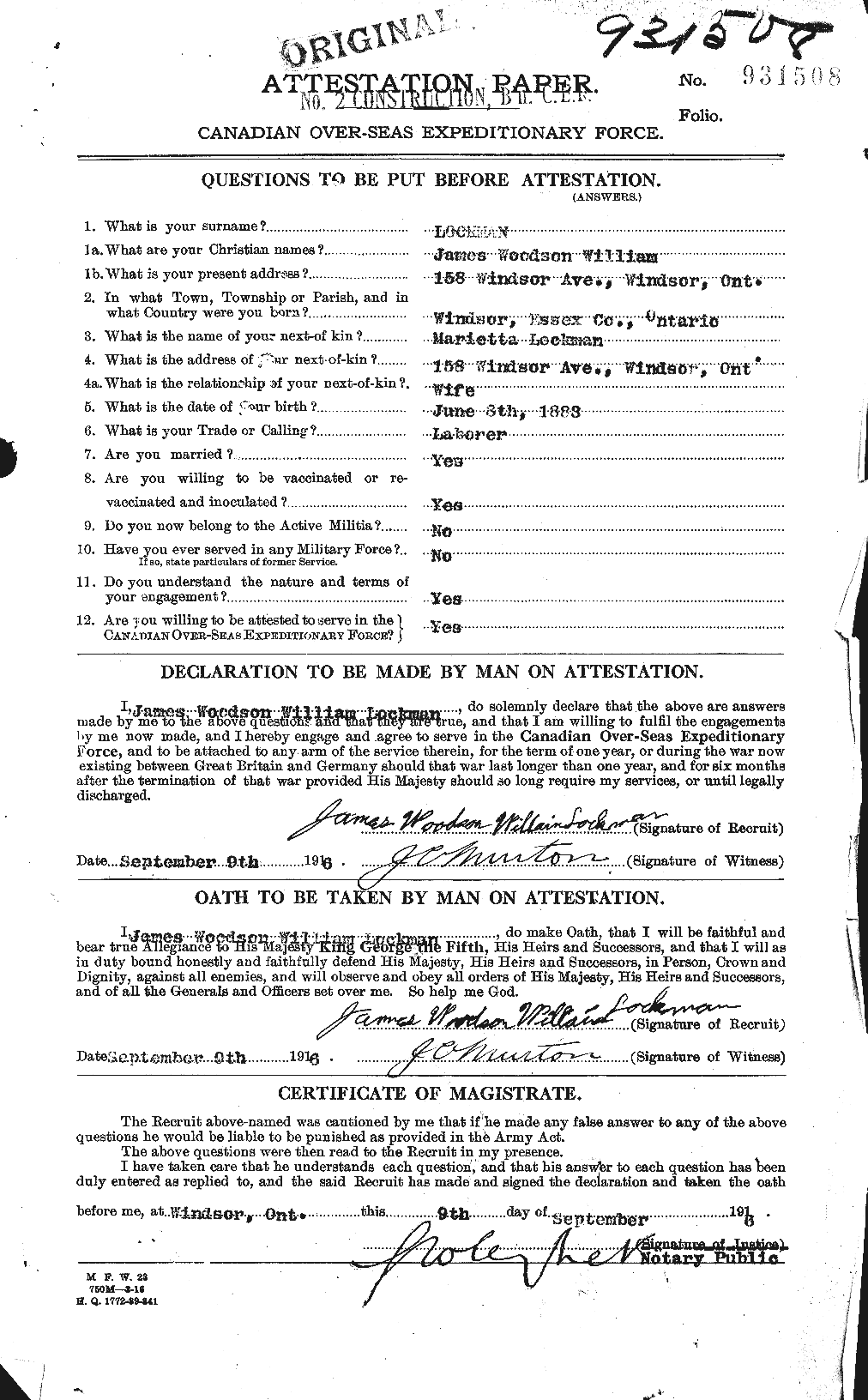 Dossiers du Personnel de la Première Guerre mondiale - CEC 464650a