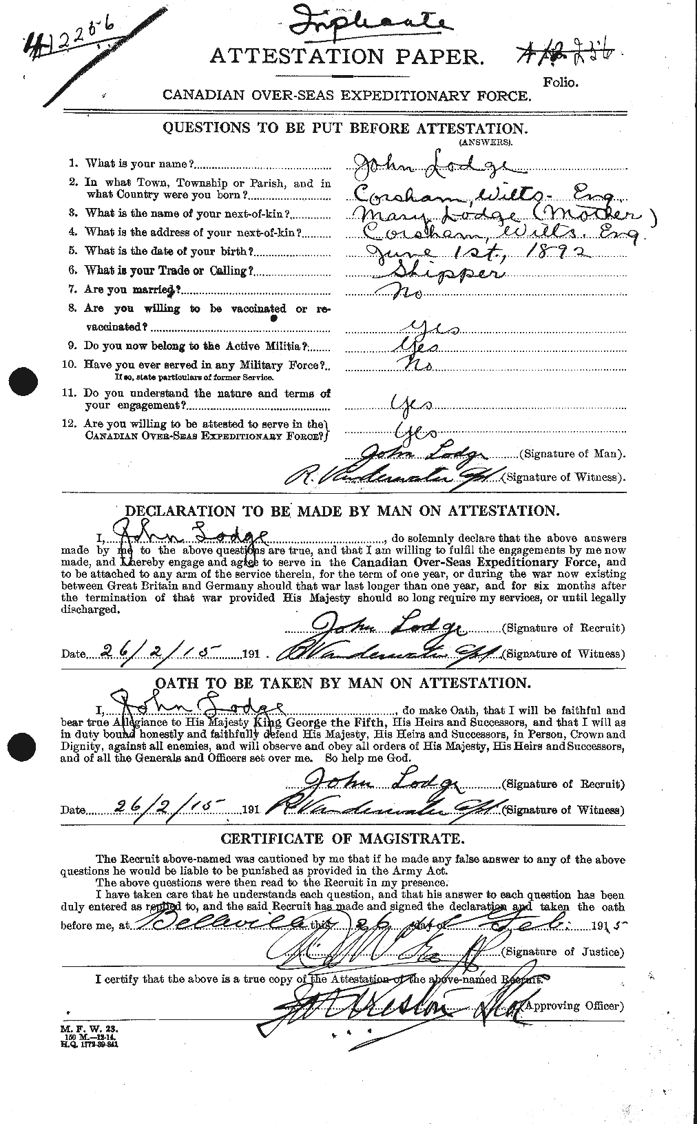 Personnel Records of the First World War - CEF 464811a