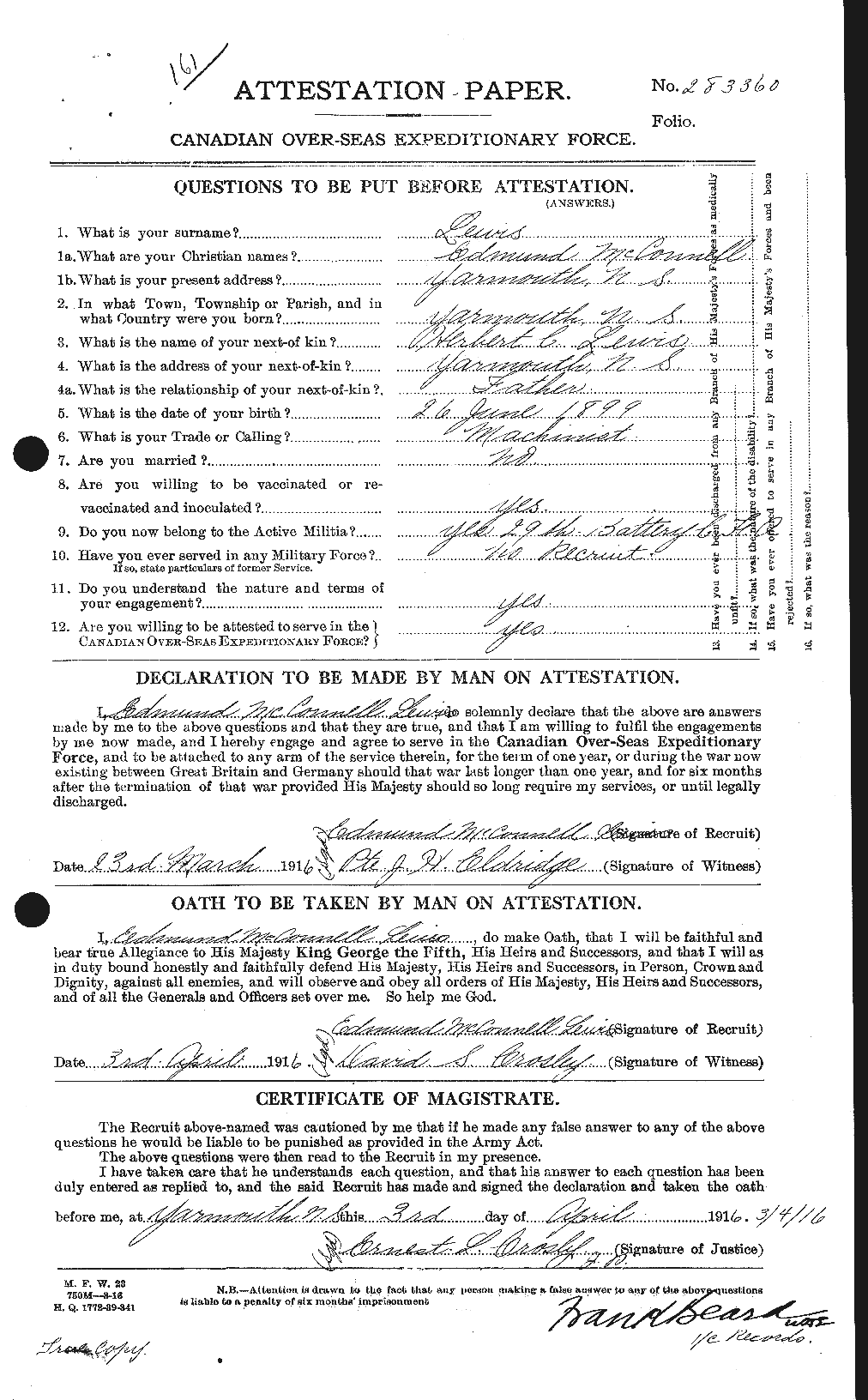Dossiers du Personnel de la Première Guerre mondiale - CEC 464995a