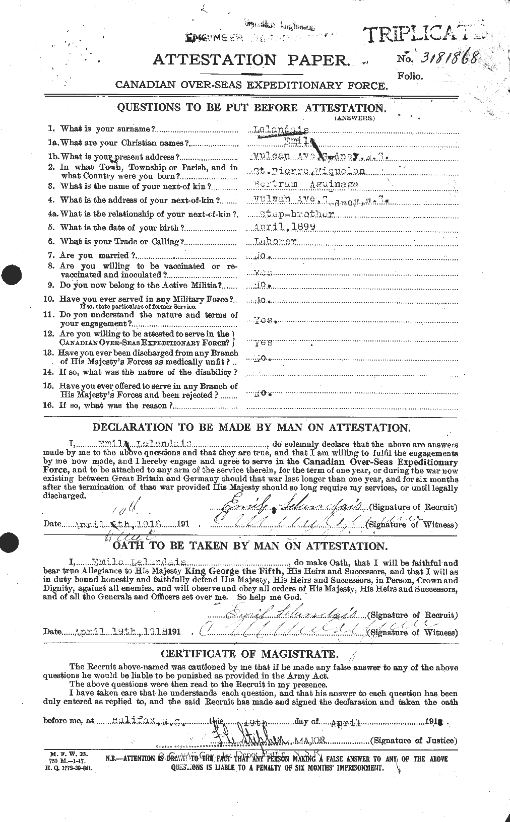 Dossiers du Personnel de la Première Guerre mondiale - CEC 465631a