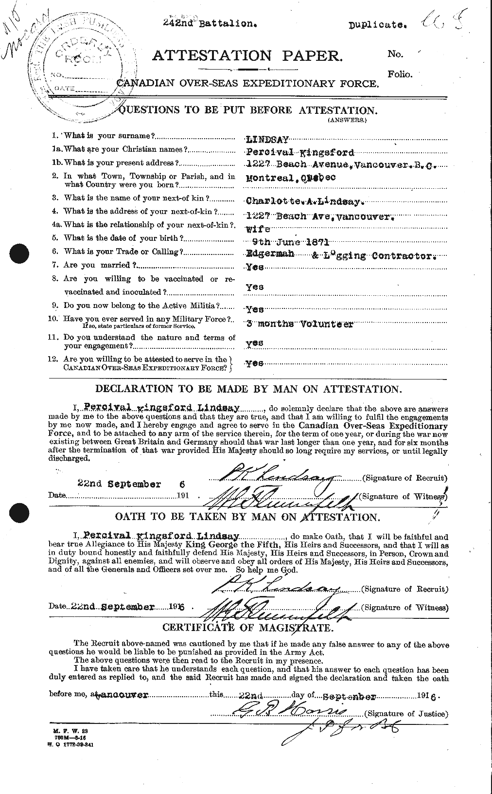 Dossiers du Personnel de la Première Guerre mondiale - CEC 466167a