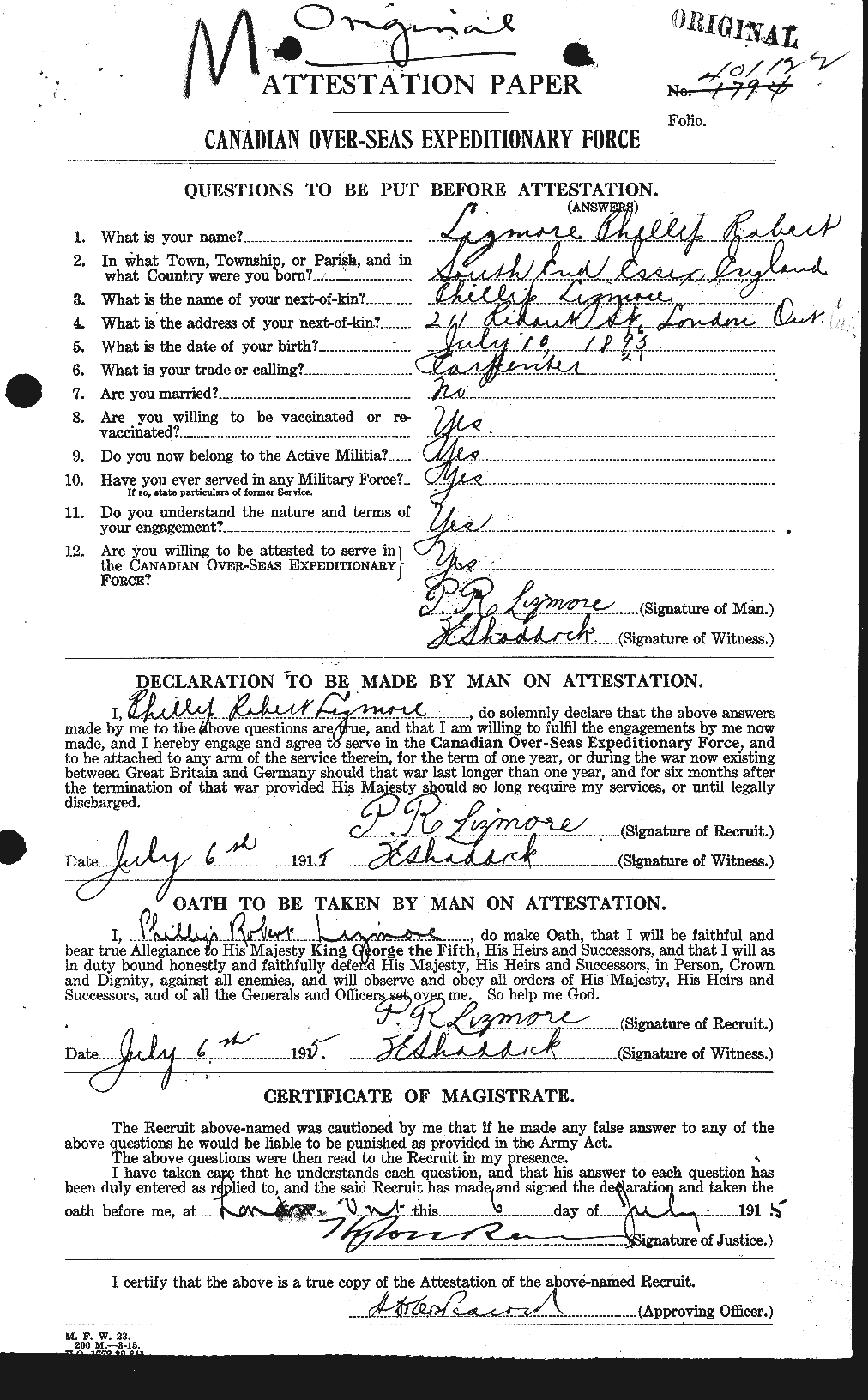 Dossiers du Personnel de la Première Guerre mondiale - CEC 466760a