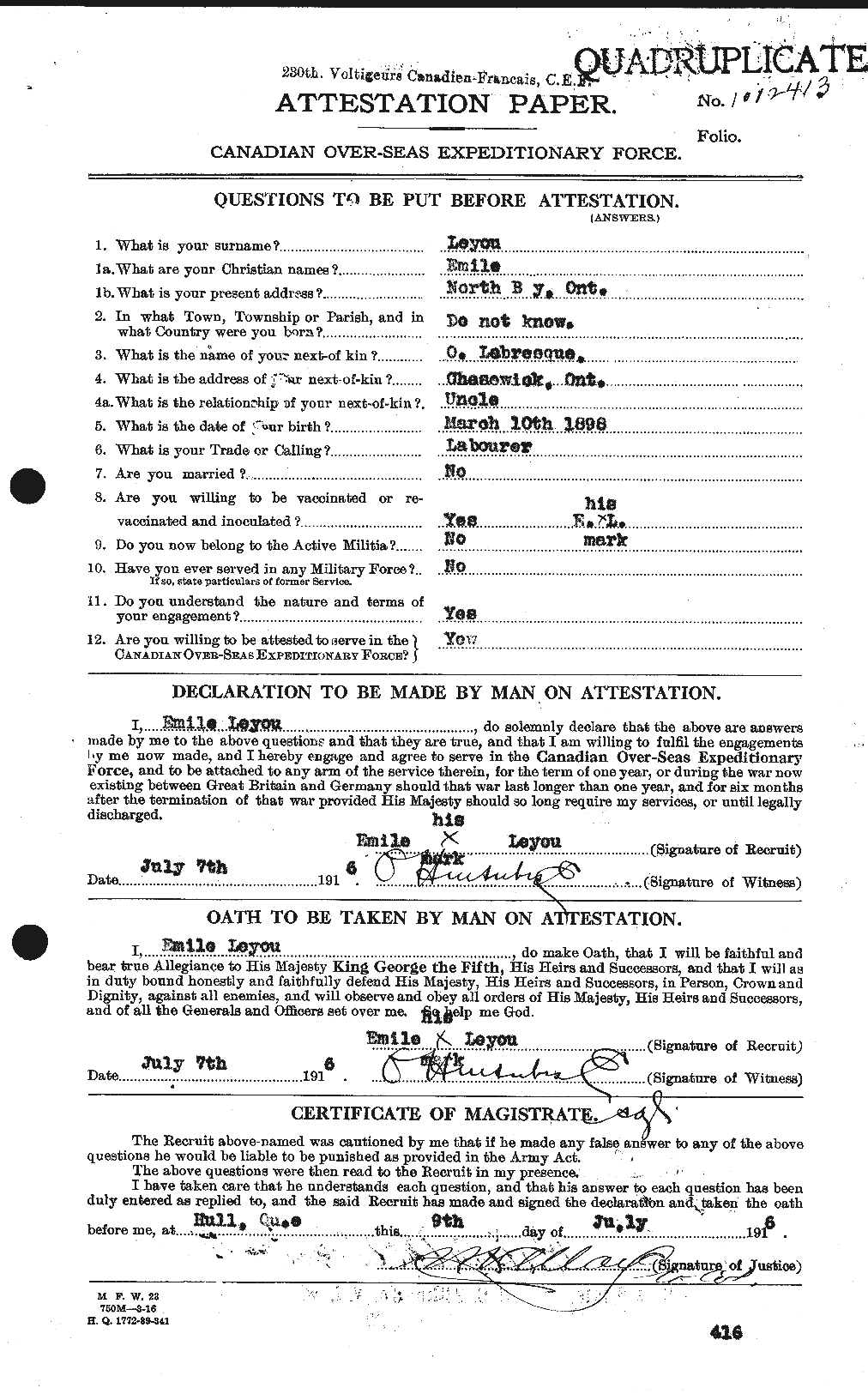 Dossiers du Personnel de la Première Guerre mondiale - CEC 466954a