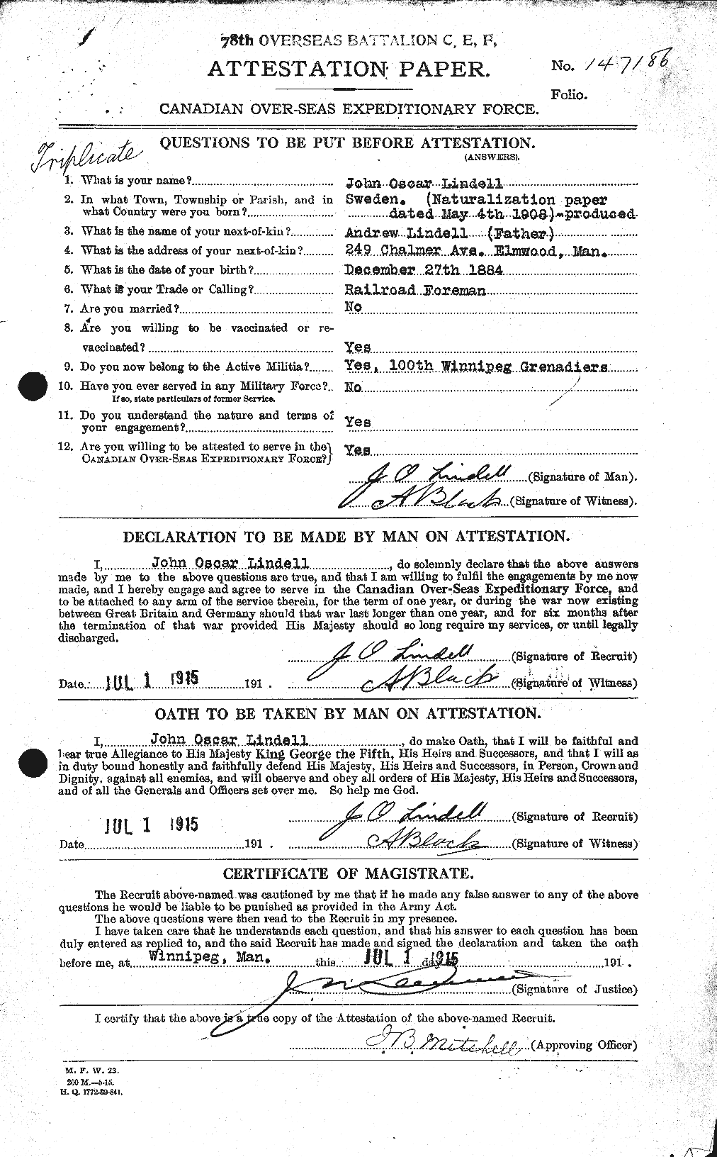 Dossiers du Personnel de la Première Guerre mondiale - CEC 467689a