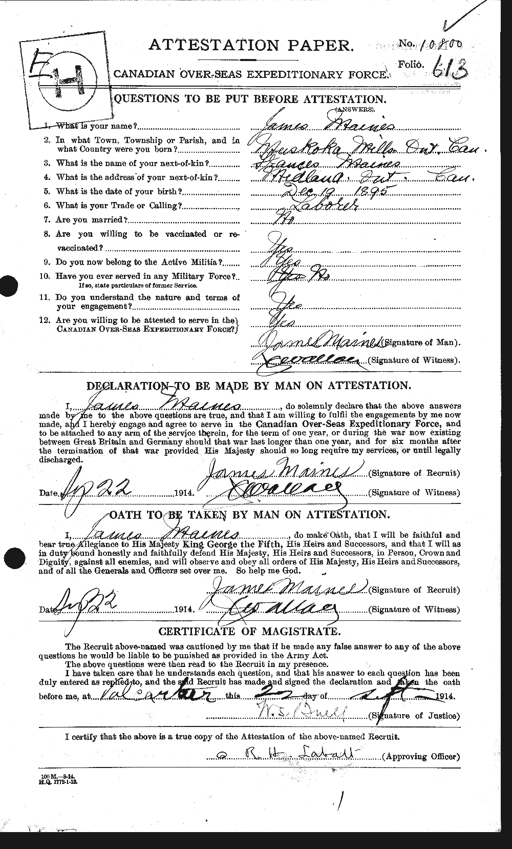 Dossiers du Personnel de la Première Guerre mondiale - CEC 471481a