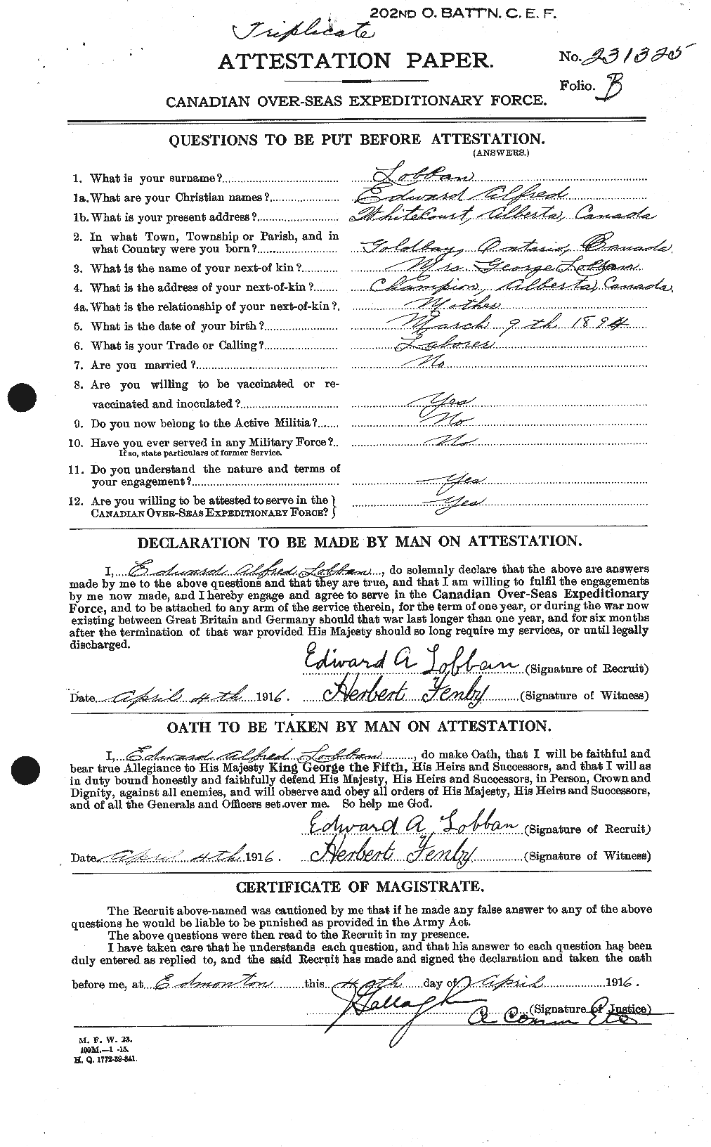 Dossiers du Personnel de la Première Guerre mondiale - CEC 472073a