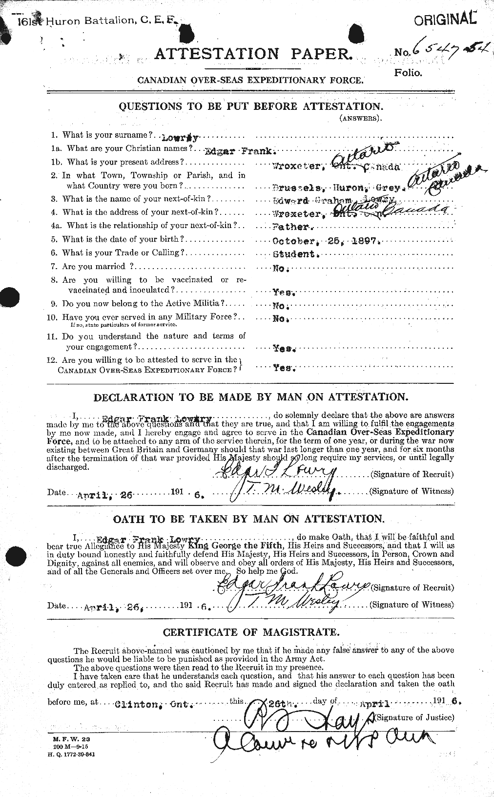 Dossiers du Personnel de la Première Guerre mondiale - CEC 473974a