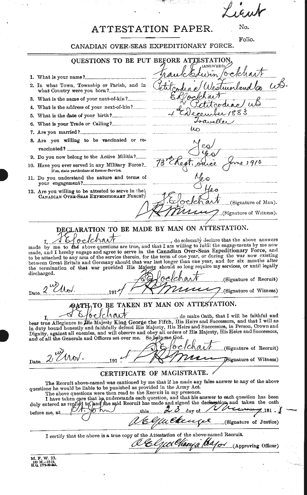 Dossiers du Personnel de la Première Guerre mondiale - CEC 474501a