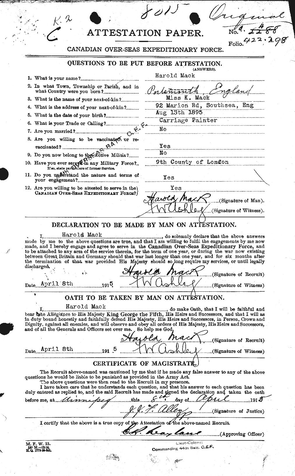 Personnel Records of the First World War - CEF 476144a