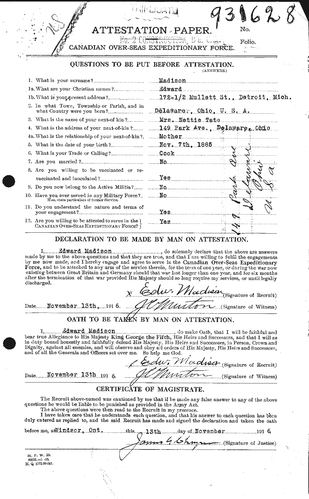Dossiers du Personnel de la Première Guerre mondiale - CEC 476645a