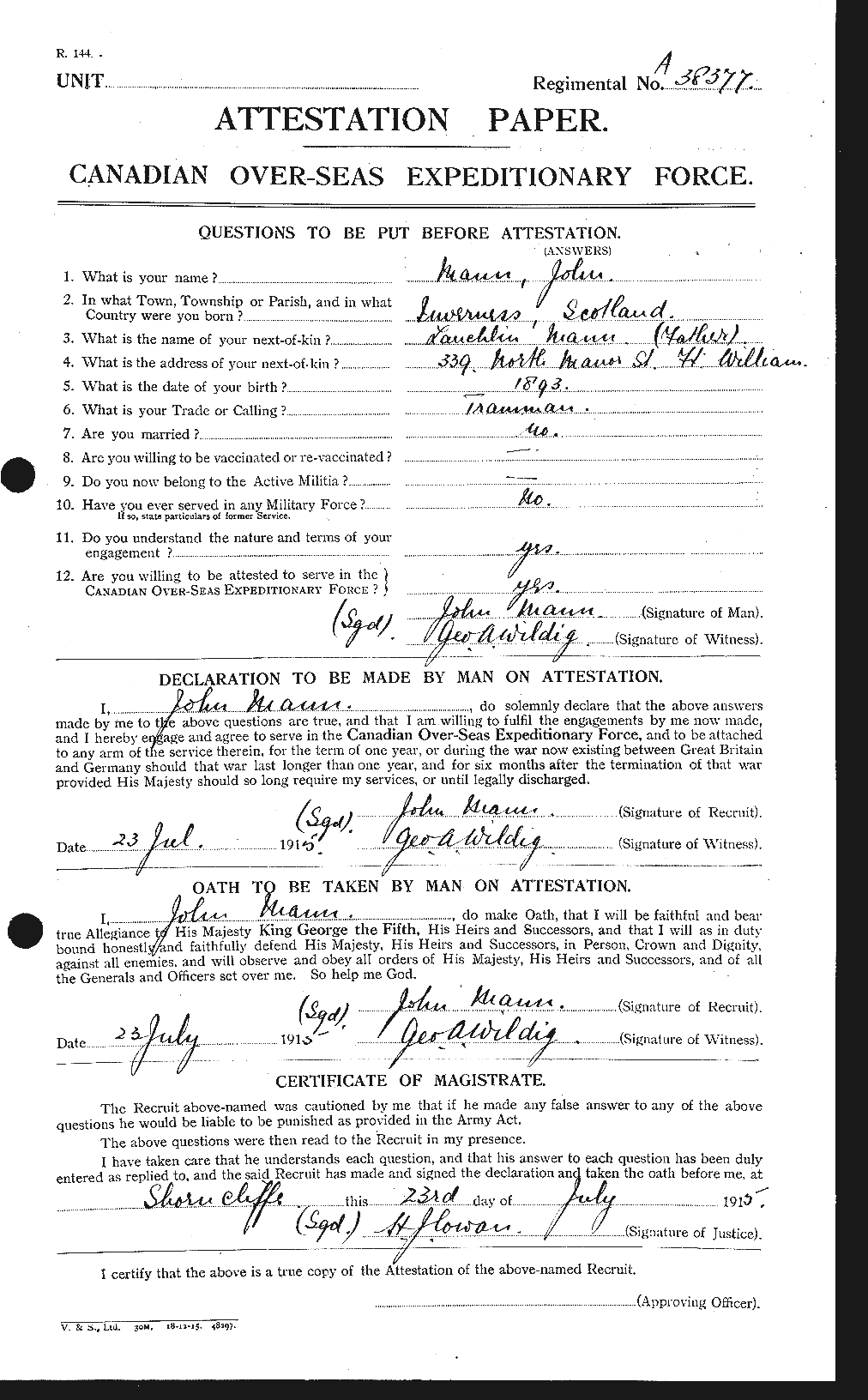 Dossiers du Personnel de la Première Guerre mondiale - CEC 477226a
