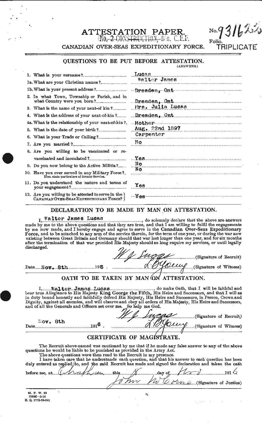 Dossiers du Personnel de la Première Guerre mondiale - CEC 478291a
