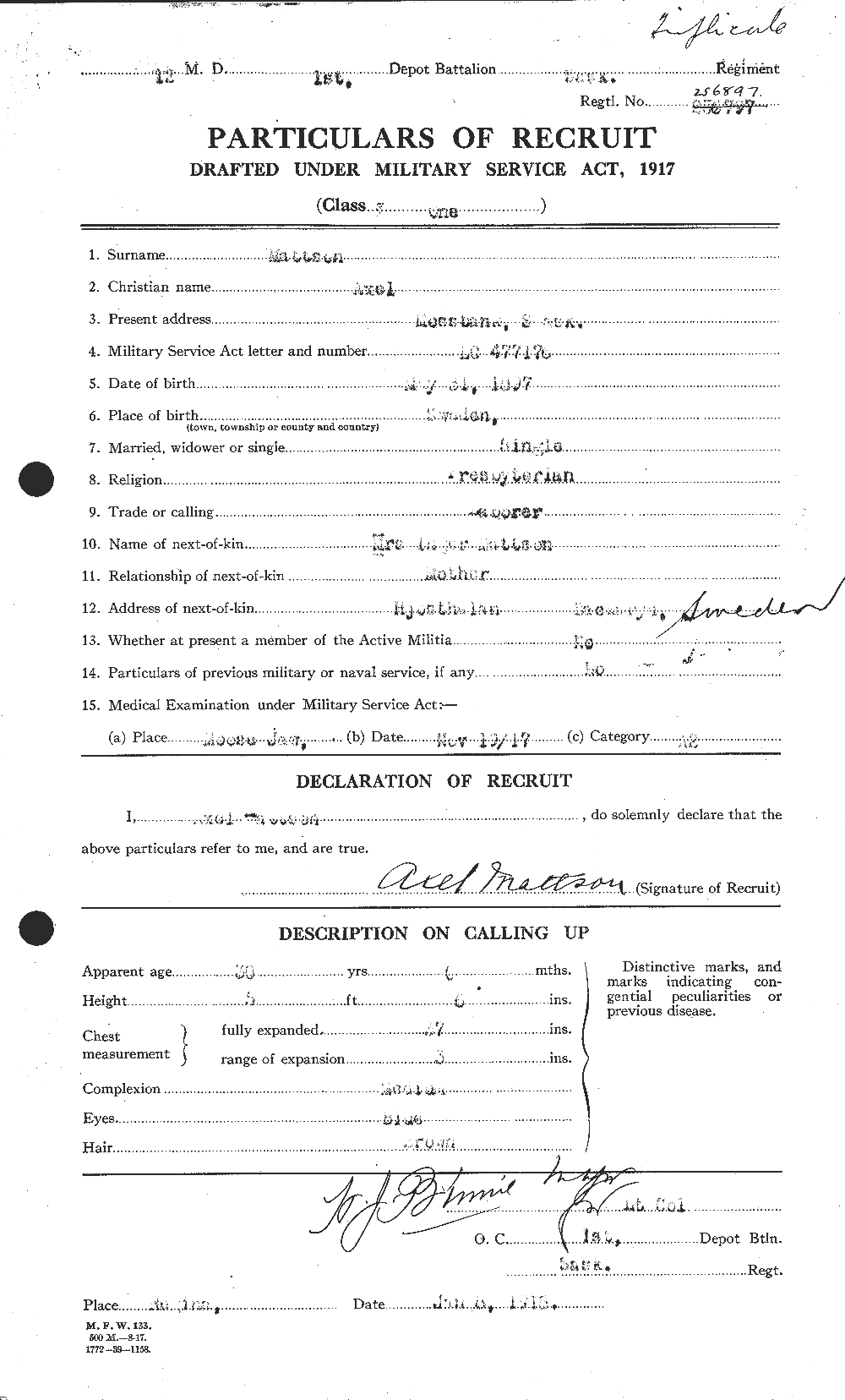 Dossiers du Personnel de la Première Guerre mondiale - CEC 484179a