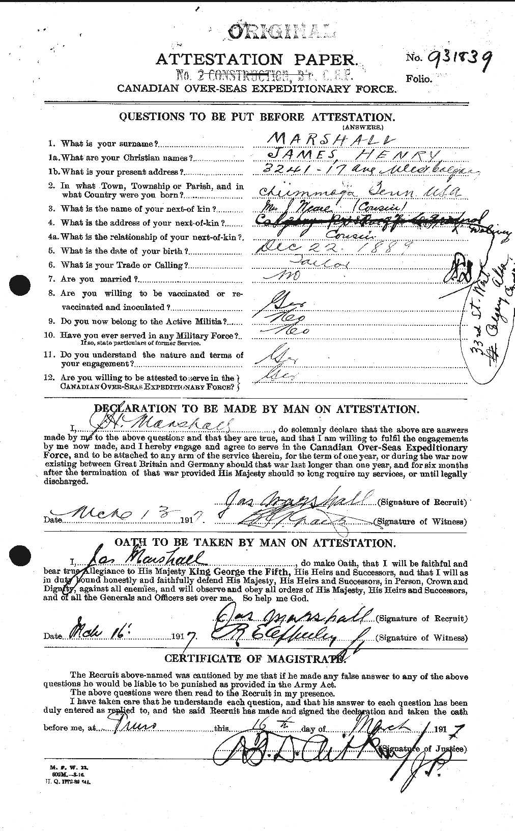 Dossiers du Personnel de la Première Guerre mondiale - CEC 484344a