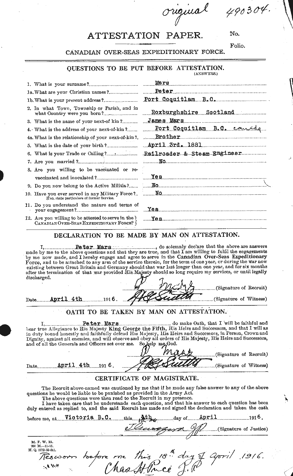 Dossiers du Personnel de la Première Guerre mondiale - CEC 486870a