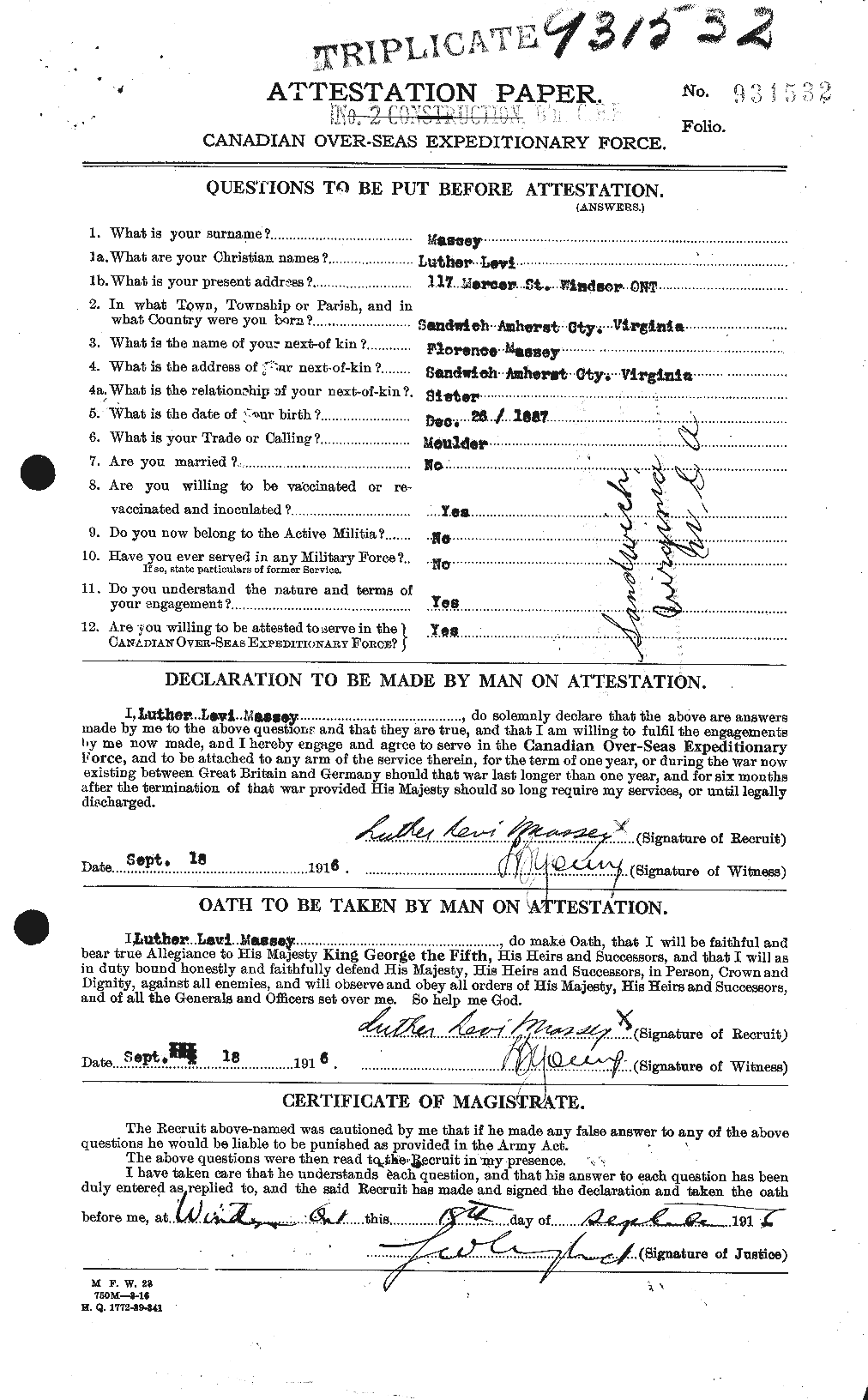 Dossiers du Personnel de la Première Guerre mondiale - CEC 487087a