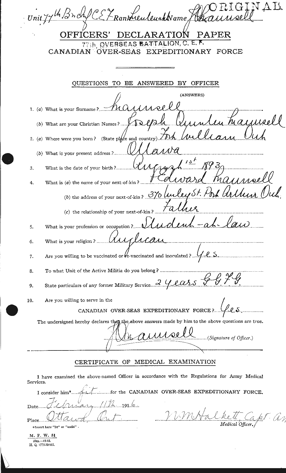 Dossiers du Personnel de la Première Guerre mondiale - CEC 487822a