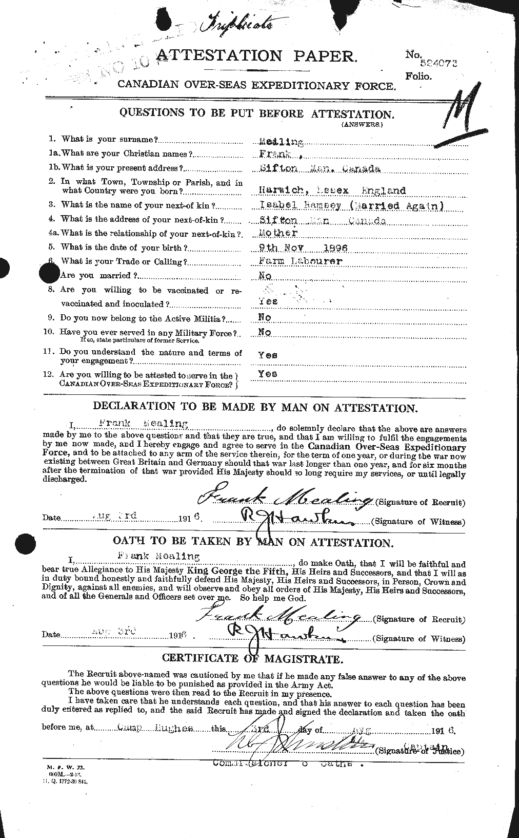 Dossiers du Personnel de la Première Guerre mondiale - CEC 489622a