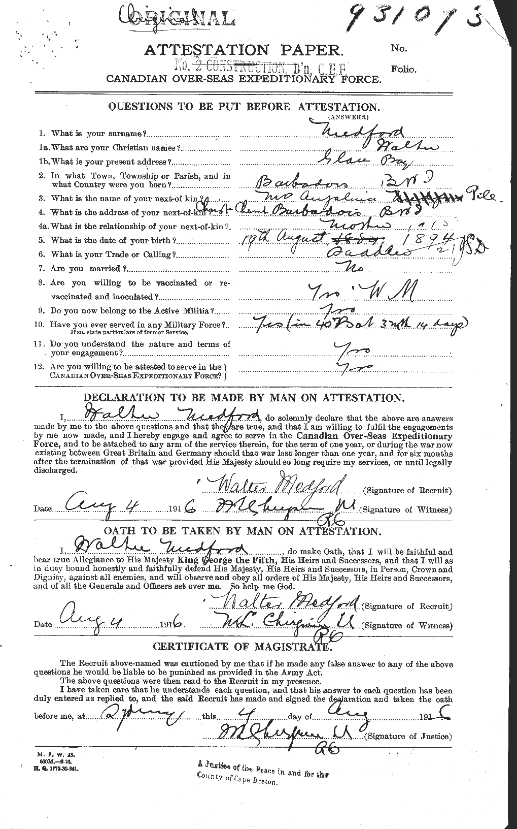 Dossiers du Personnel de la Première Guerre mondiale - CEC 489812a