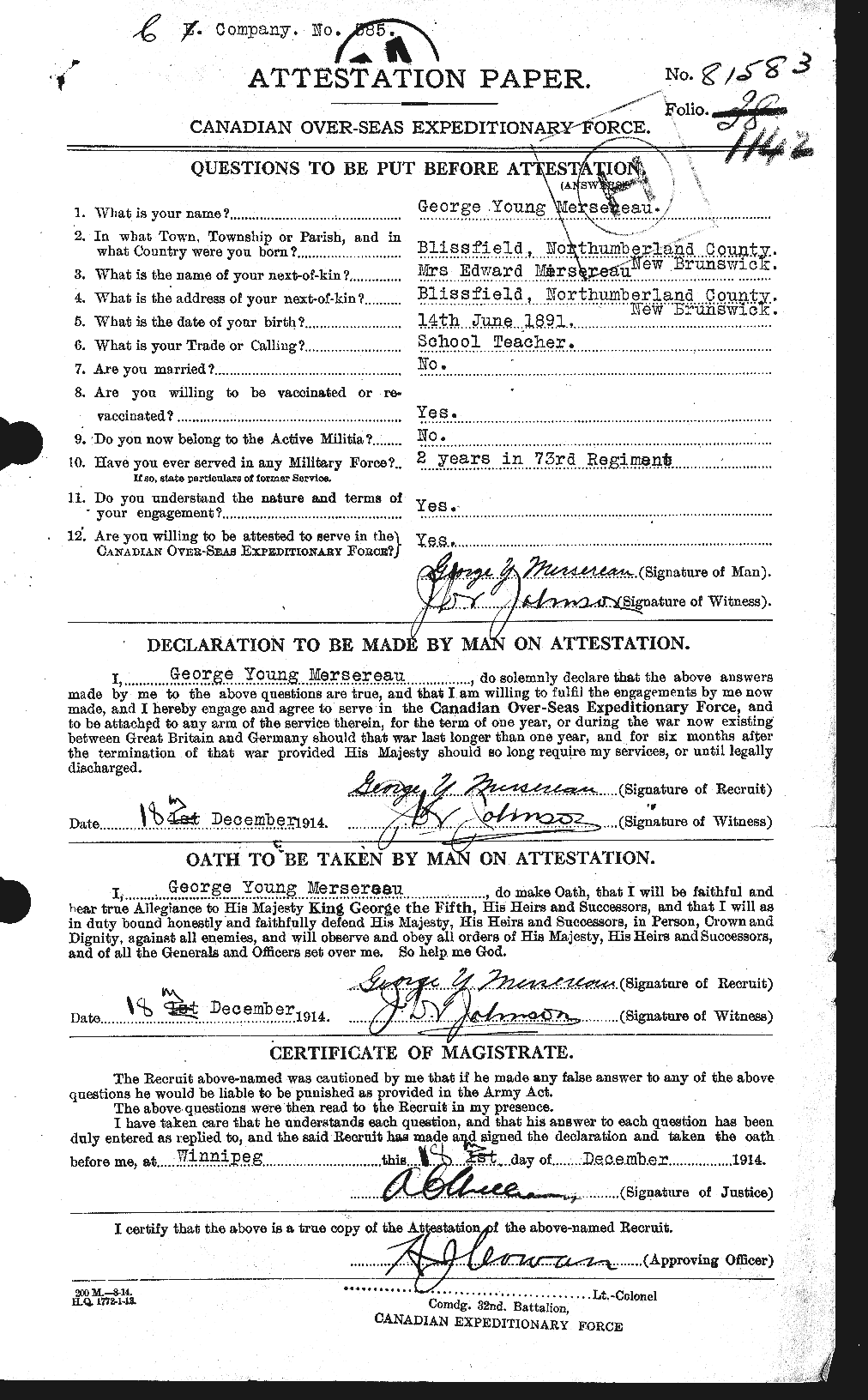 Dossiers du Personnel de la Première Guerre mondiale - CEC 490549a