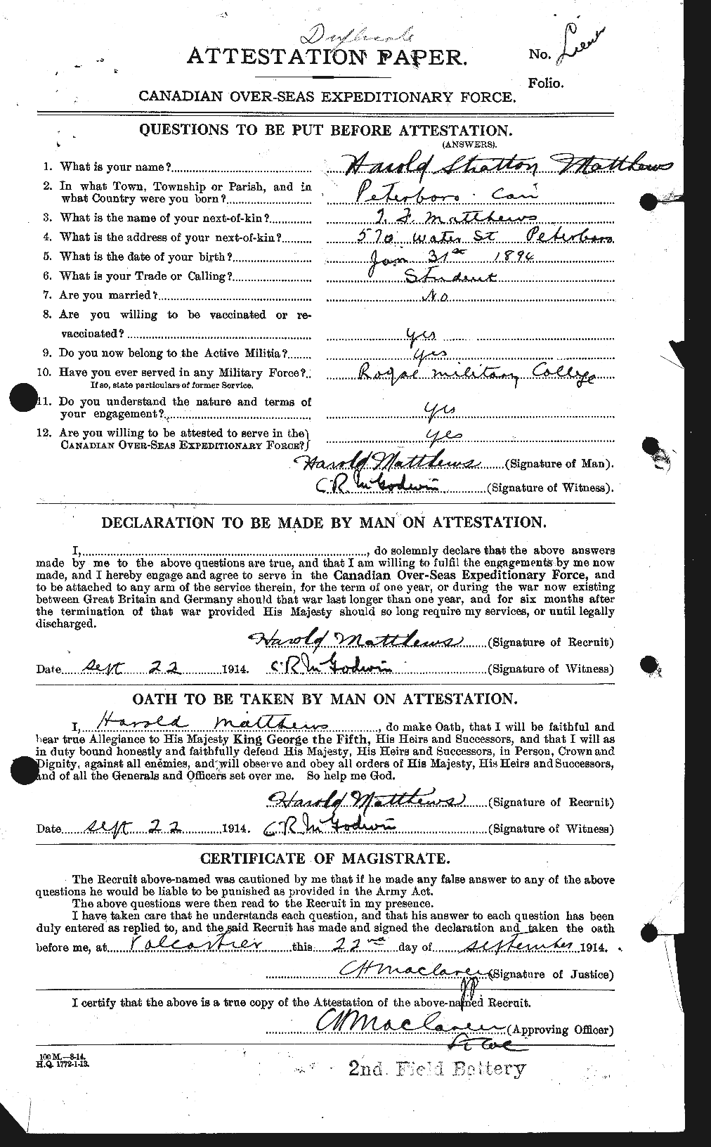 Dossiers du Personnel de la Première Guerre mondiale - CEC 491155a