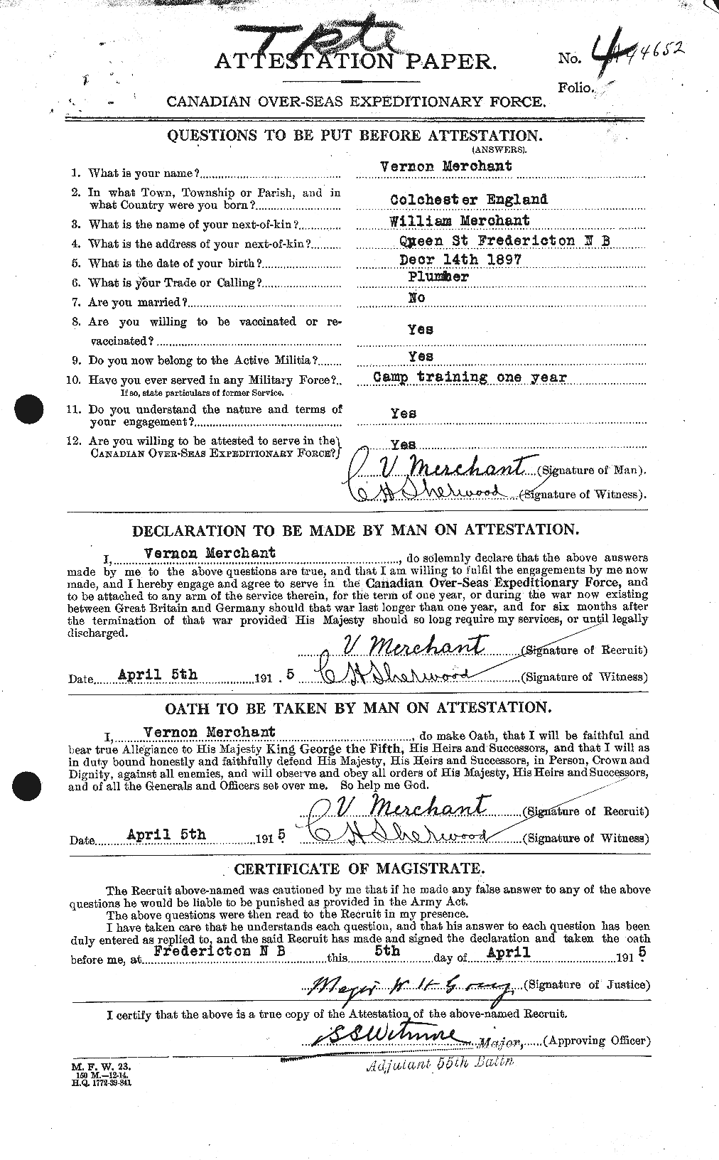 Dossiers du Personnel de la Première Guerre mondiale - CEC 493432a