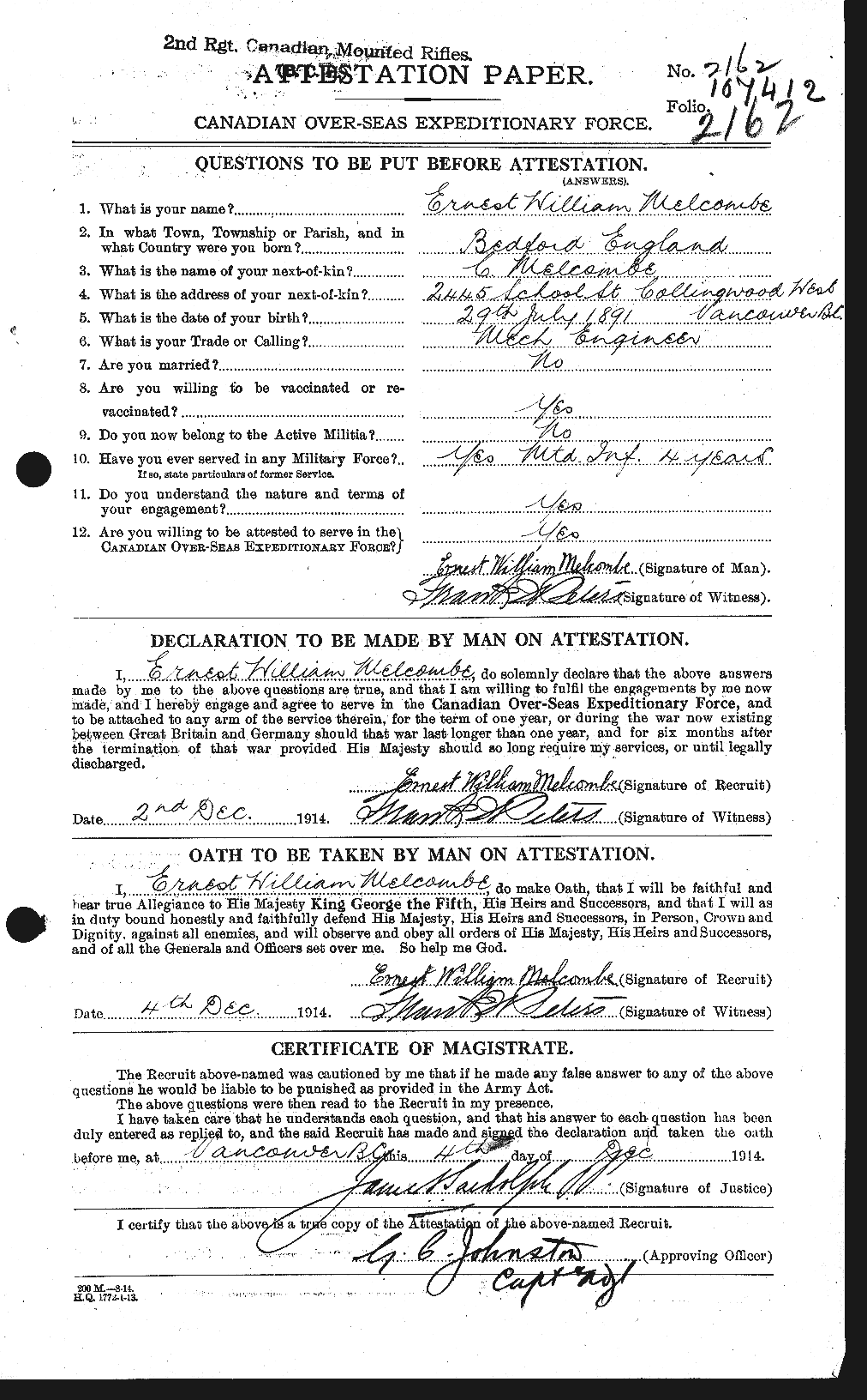 Dossiers du Personnel de la Première Guerre mondiale - CEC 493599a