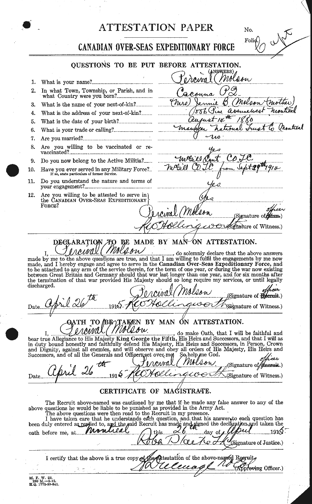 Dossiers du Personnel de la Première Guerre mondiale - CEC 493870a