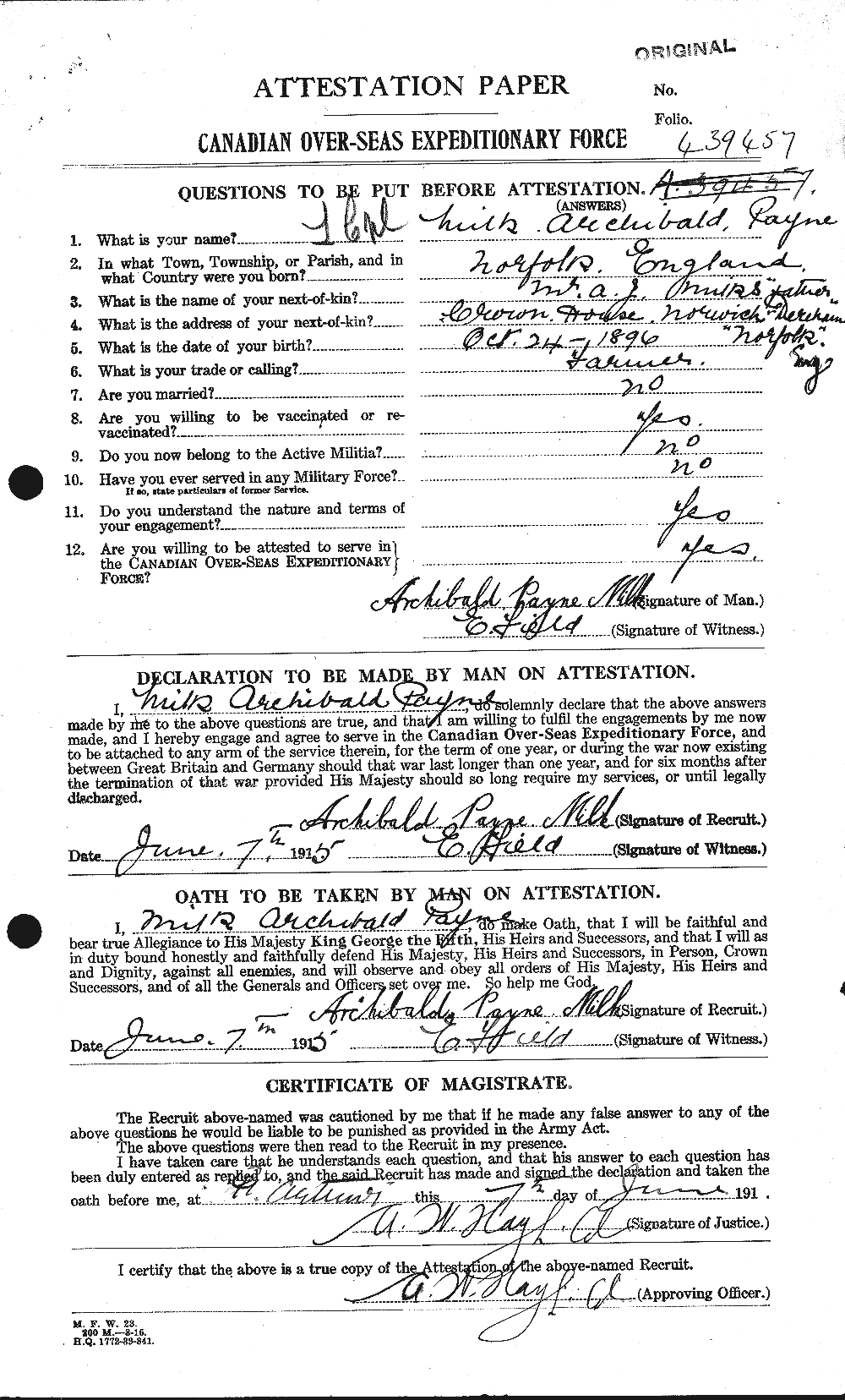 Dossiers du Personnel de la Première Guerre mondiale - CEC 495148a