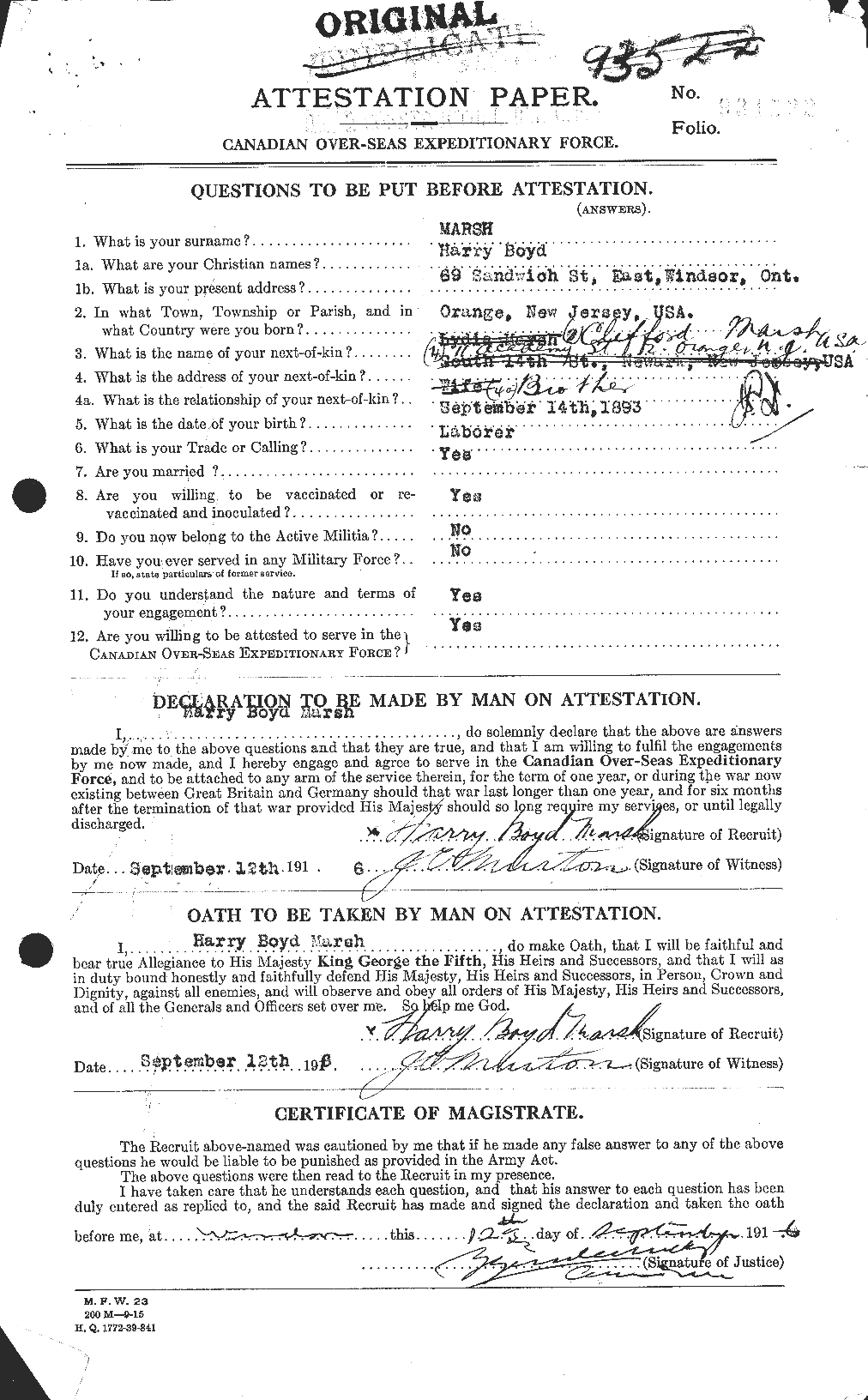 Dossiers du Personnel de la Première Guerre mondiale - CEC 495542a
