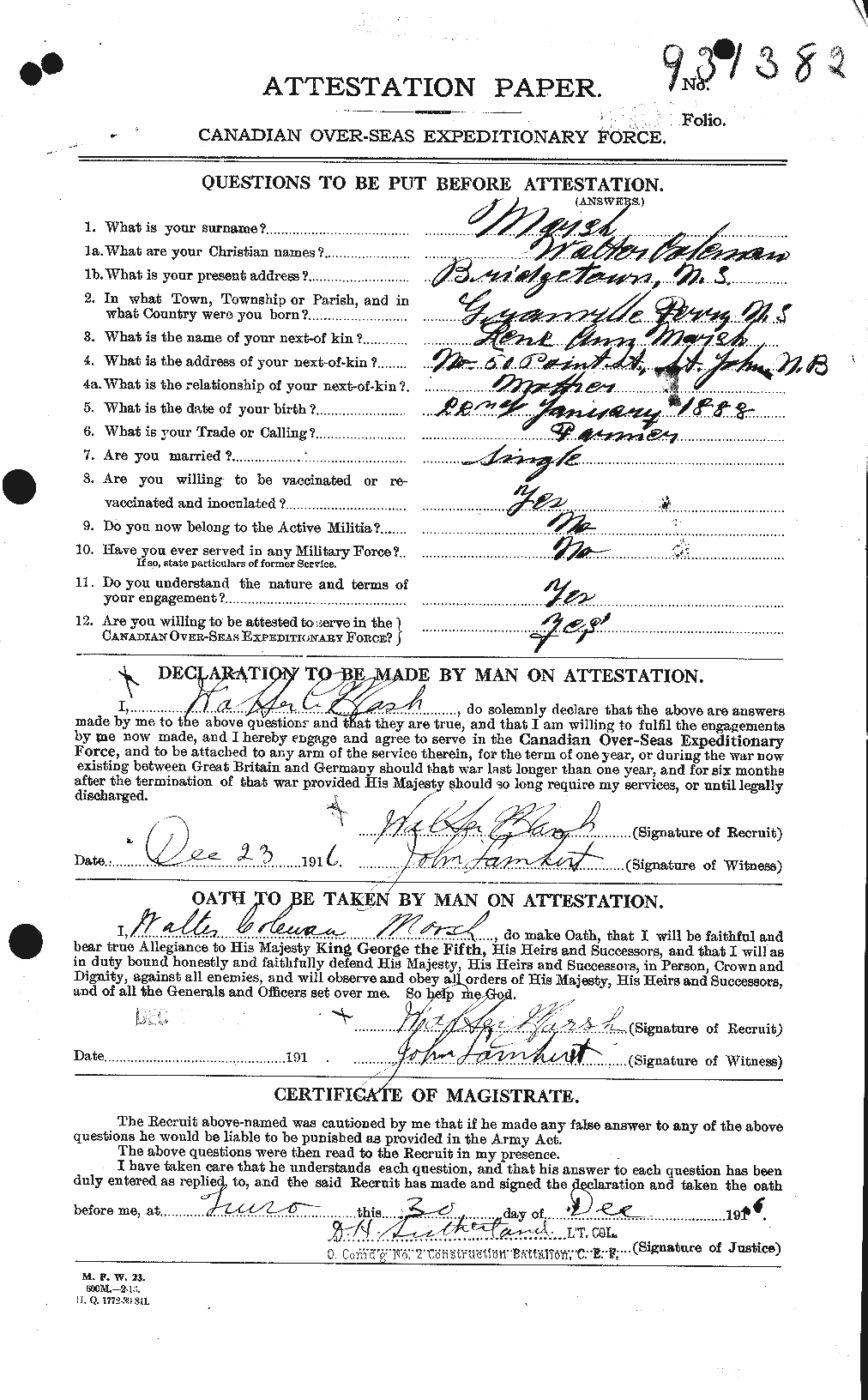 Dossiers du Personnel de la Première Guerre mondiale - CEC 495646a