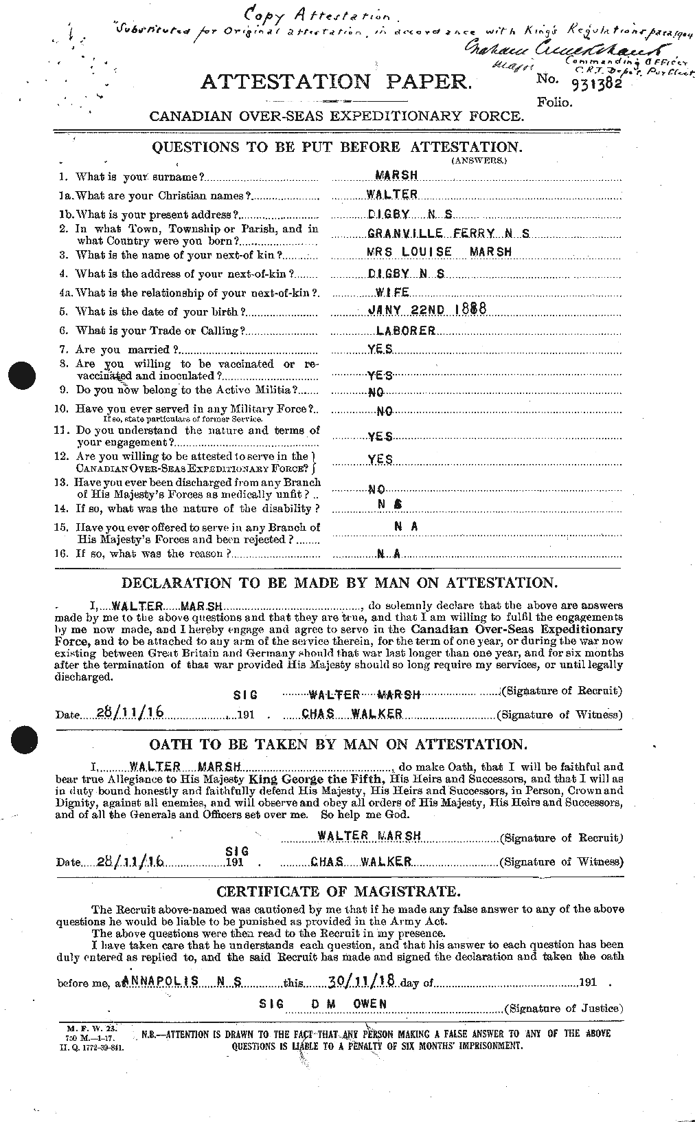 Dossiers du Personnel de la Première Guerre mondiale - CEC 495647a