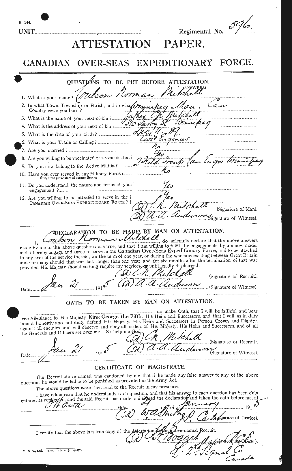 Dossiers du Personnel de la Première Guerre mondiale - CEC 496159a