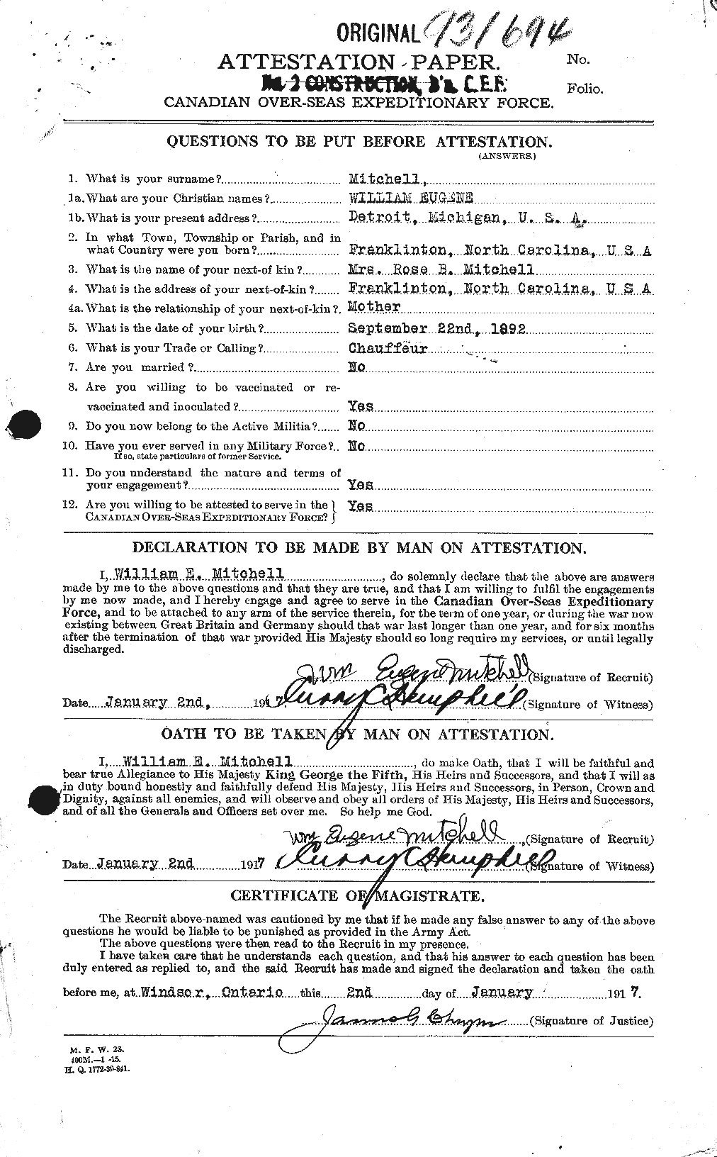 Dossiers du Personnel de la Première Guerre mondiale - CEC 496672a
