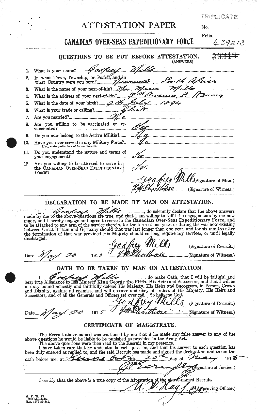 Dossiers du Personnel de la Première Guerre mondiale - CEC 498220a
