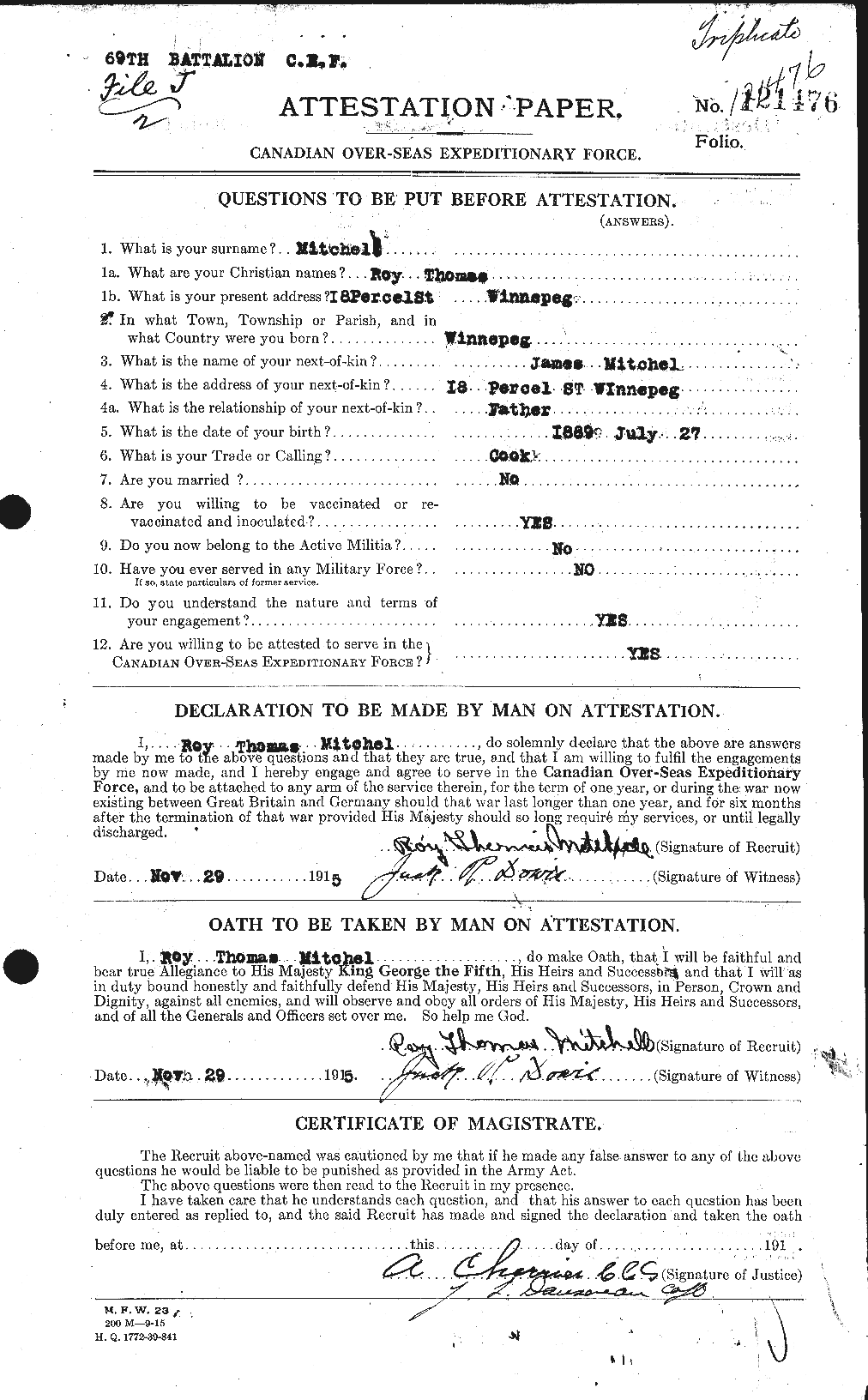 Dossiers du Personnel de la Première Guerre mondiale - CEC 499885a