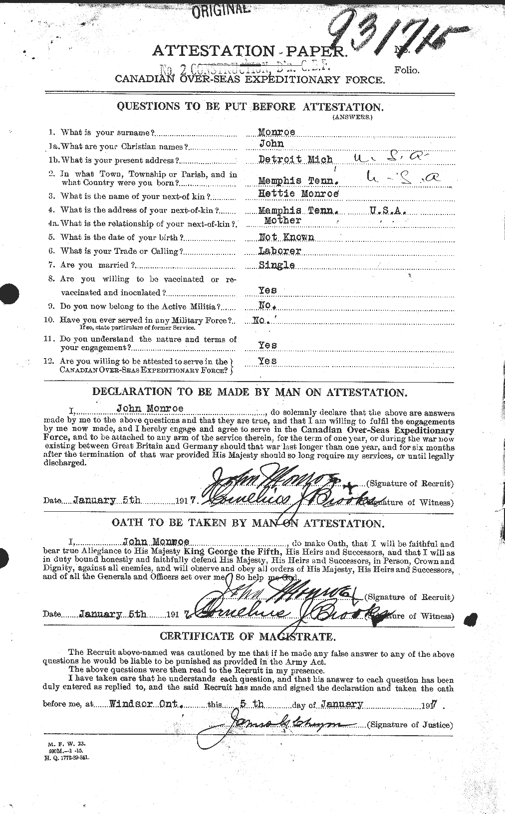 Dossiers du Personnel de la Première Guerre mondiale - CEC 500128a