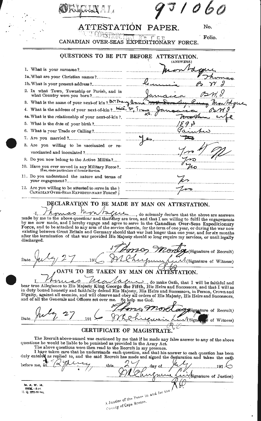 Dossiers du Personnel de la Première Guerre mondiale - CEC 500190a
