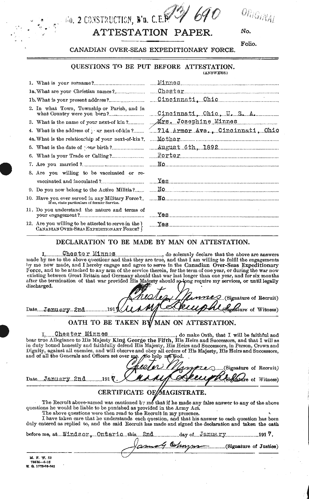 Dossiers du Personnel de la Première Guerre mondiale - CEC 500913a