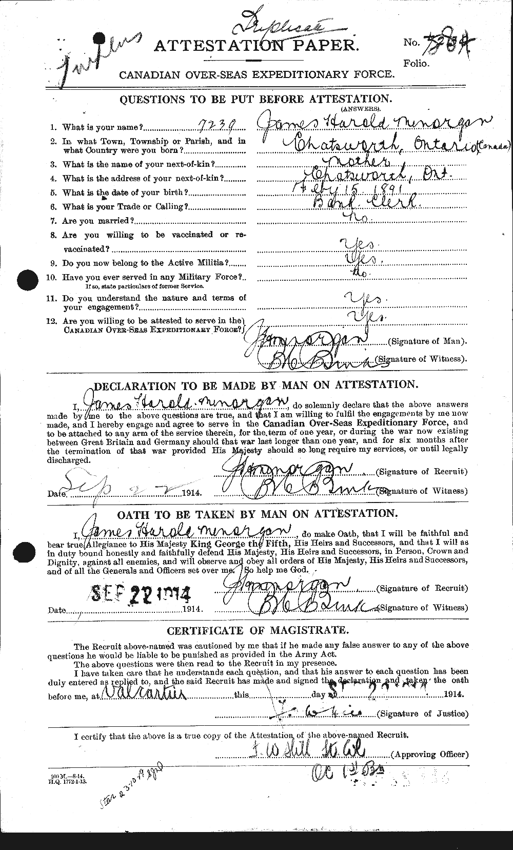 Dossiers du Personnel de la Première Guerre mondiale - CEC 500994a