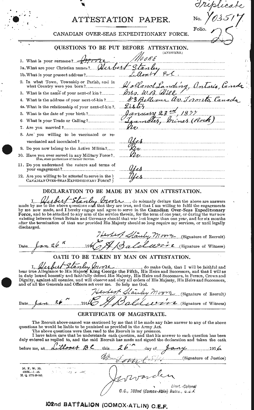 Dossiers du Personnel de la Première Guerre mondiale - CEC 502126a