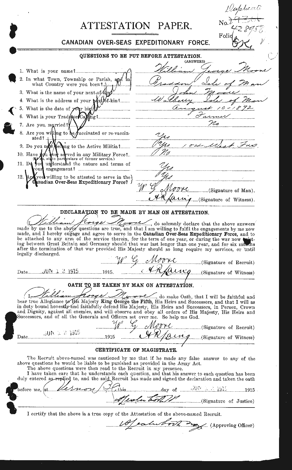 Dossiers du Personnel de la Première Guerre mondiale - CEC 505812a
