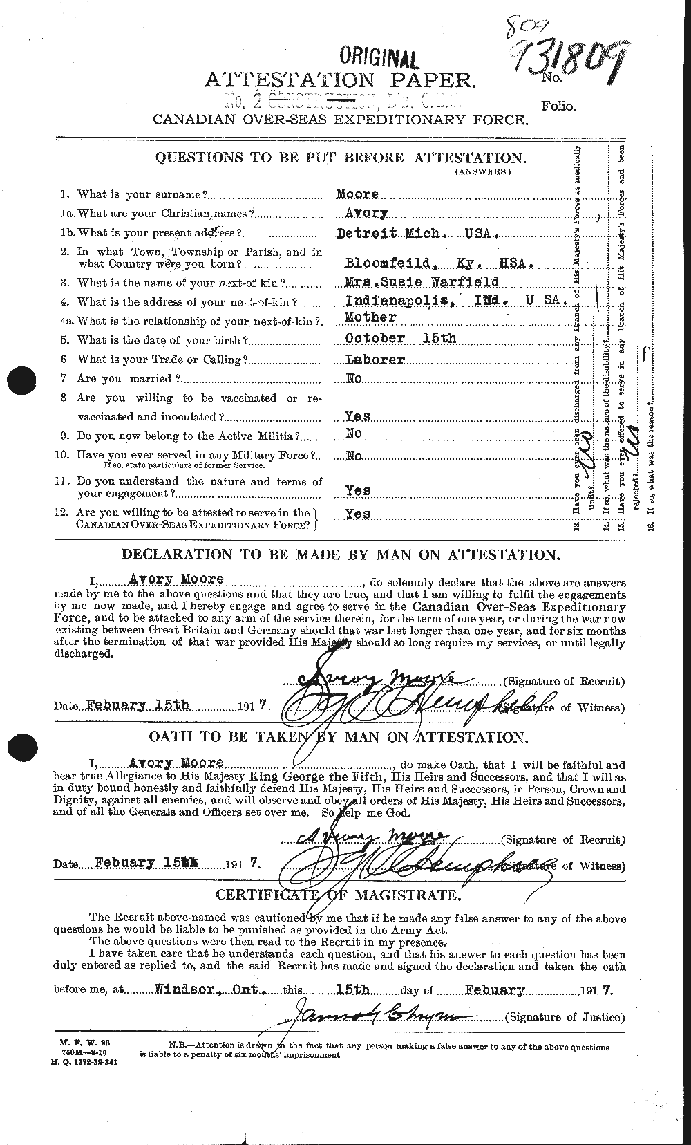 Dossiers du Personnel de la Première Guerre mondiale - CEC 506459a