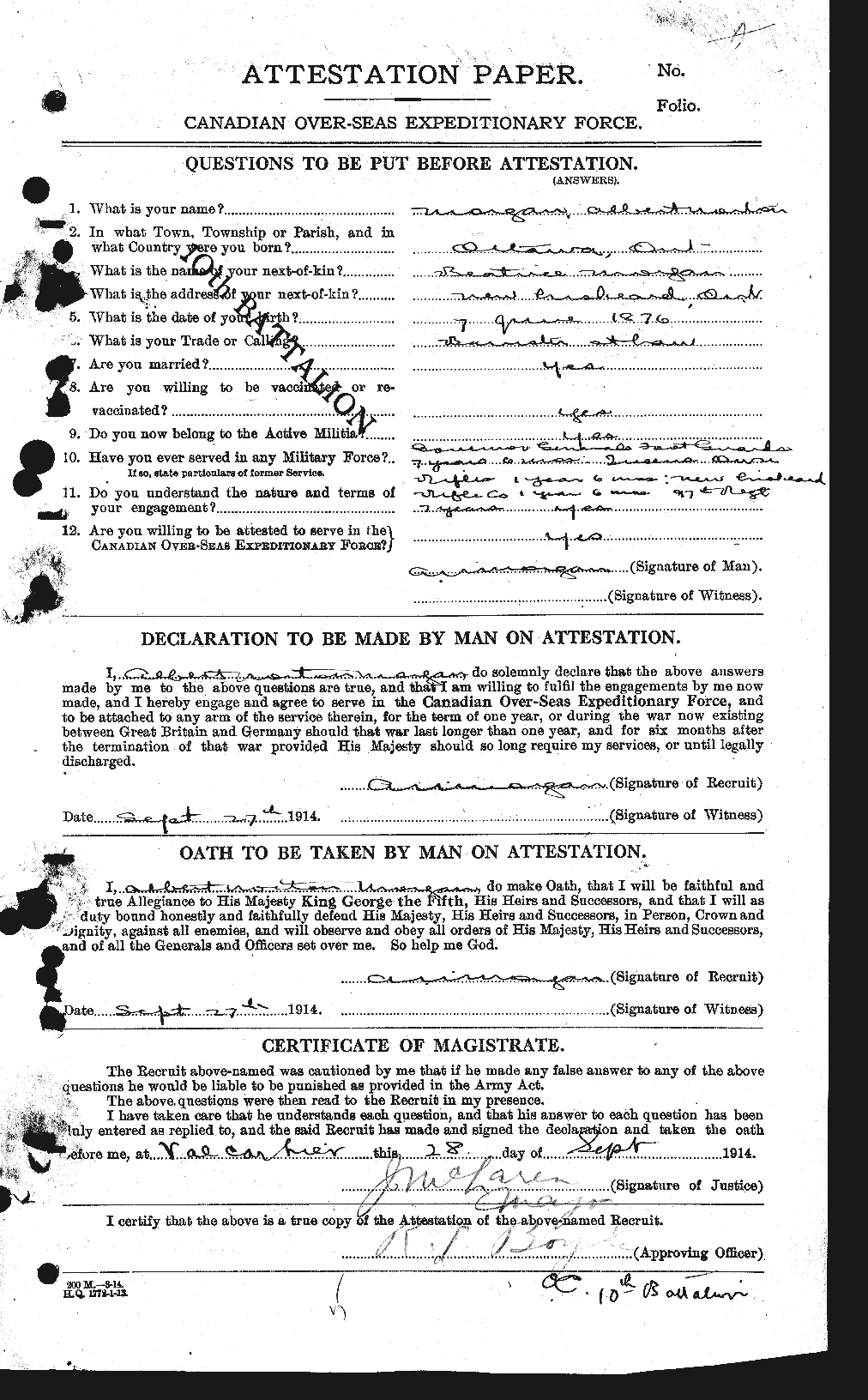 Dossiers du Personnel de la Première Guerre mondiale - CEC 507467a