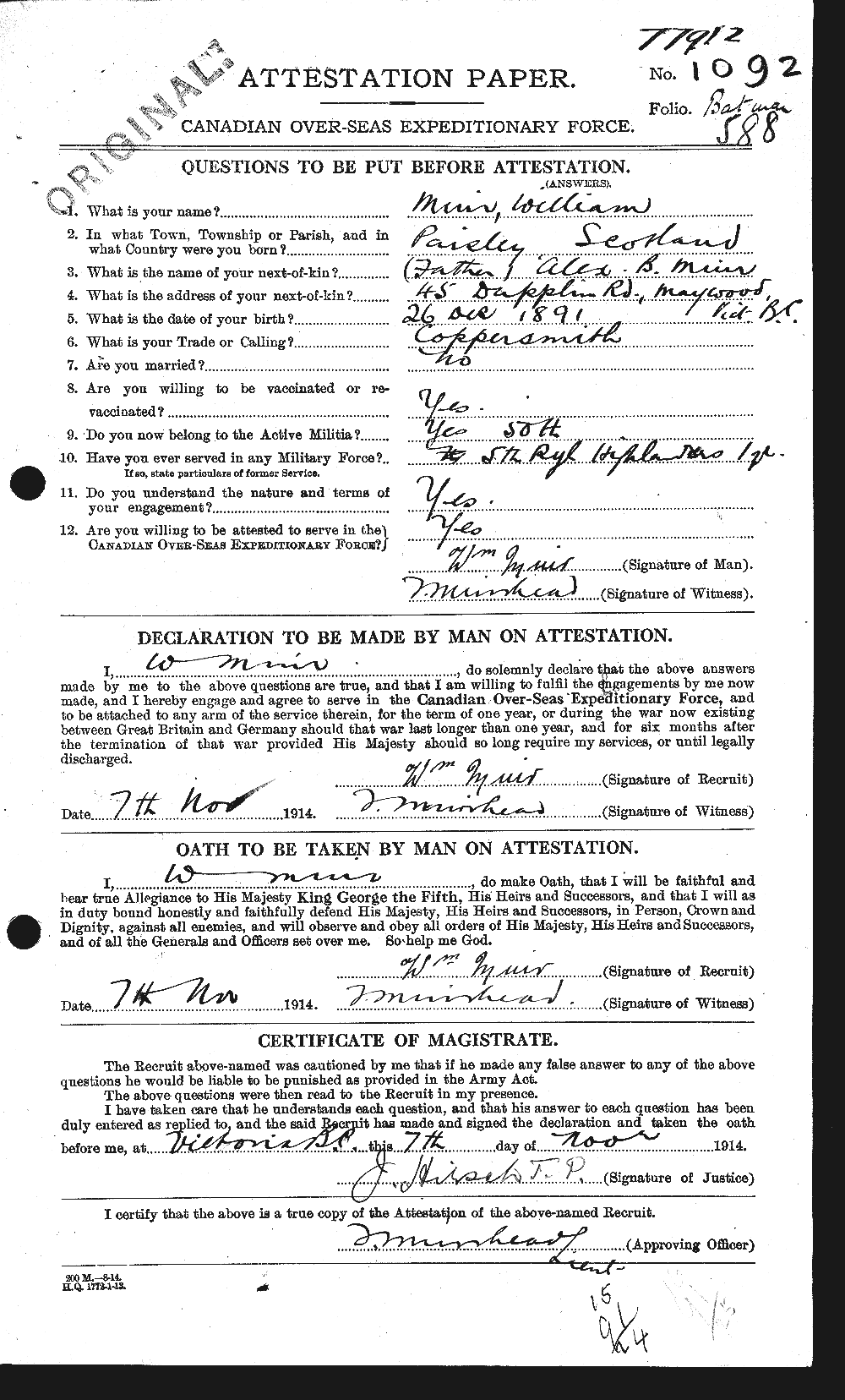 Dossiers du Personnel de la Première Guerre mondiale - CEC 509700a